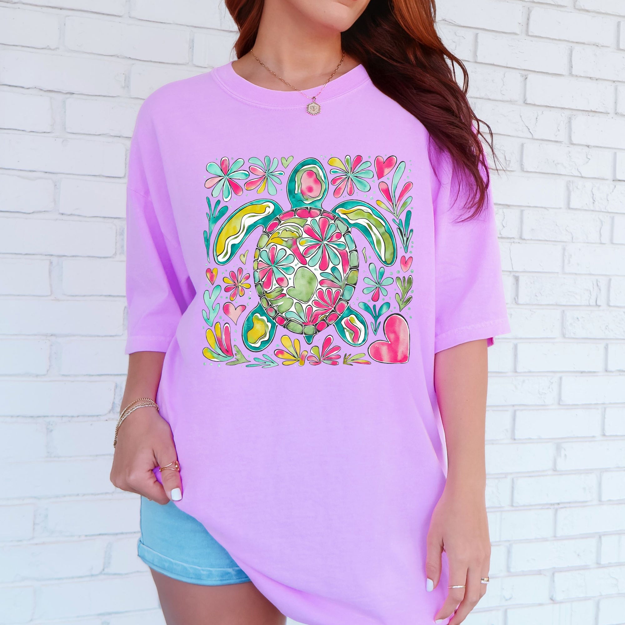 Painted Sea Turtle Ocean Beach Scene Illustration With Coral Reef Accents Comfort Colors Tee