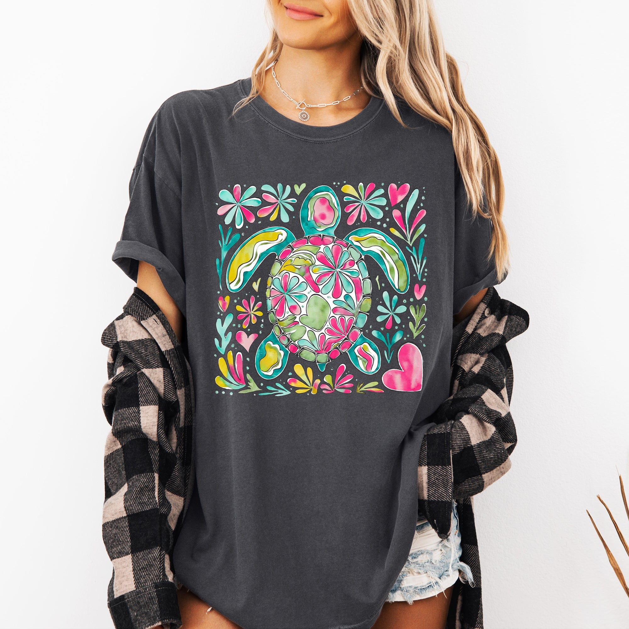 Painted Sea Turtle Ocean Beach Scene Illustration With Coral Reef Accents Comfort Colors Tee