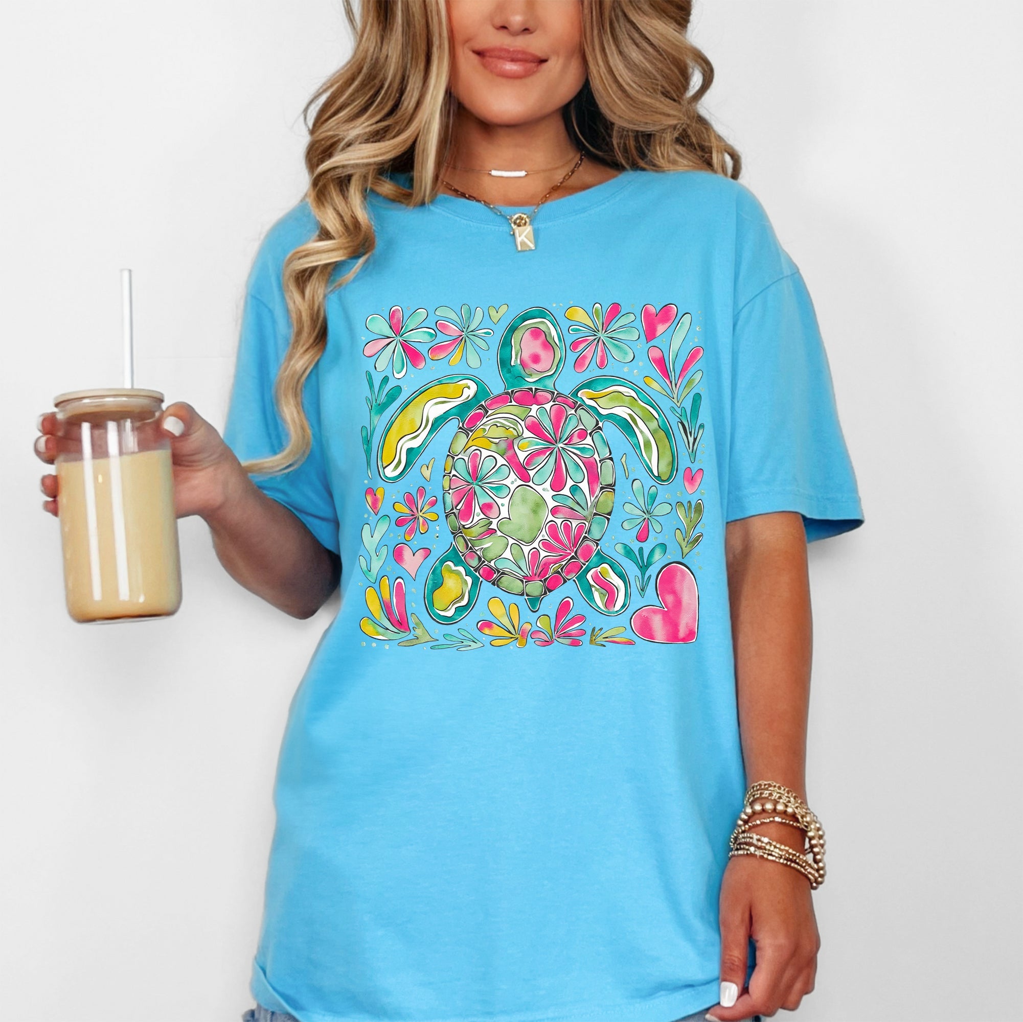 Painted Sea Turtle Ocean Beach Scene Illustration With Coral Reef Accents Comfort Colors Tee