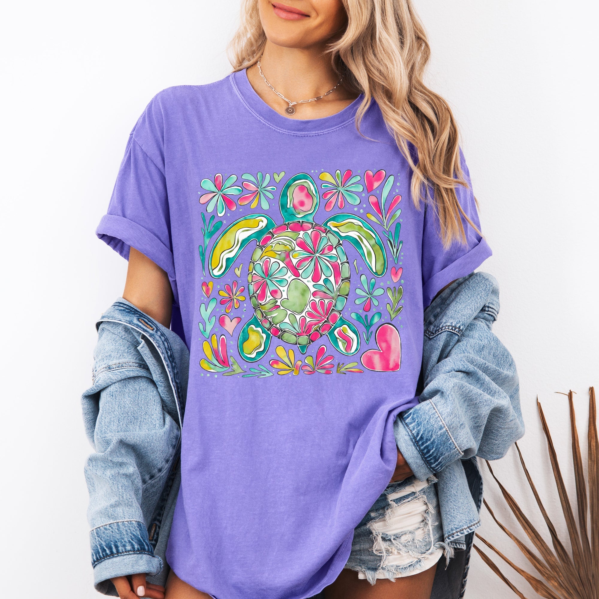 Painted Sea Turtle Ocean Beach Scene Illustration With Coral Reef Accents Comfort Colors Tee