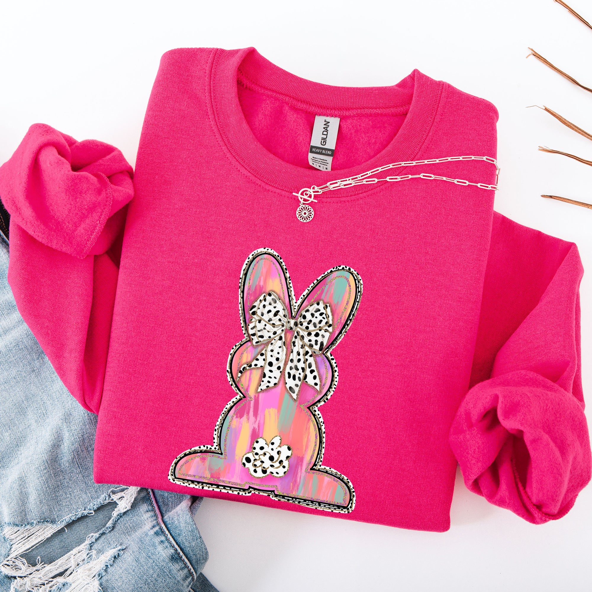 Painted Colorful Dalmatian Print Easter Bunny Jesus Rabbit Holiday Theme Graphic Art Sweatshirt
