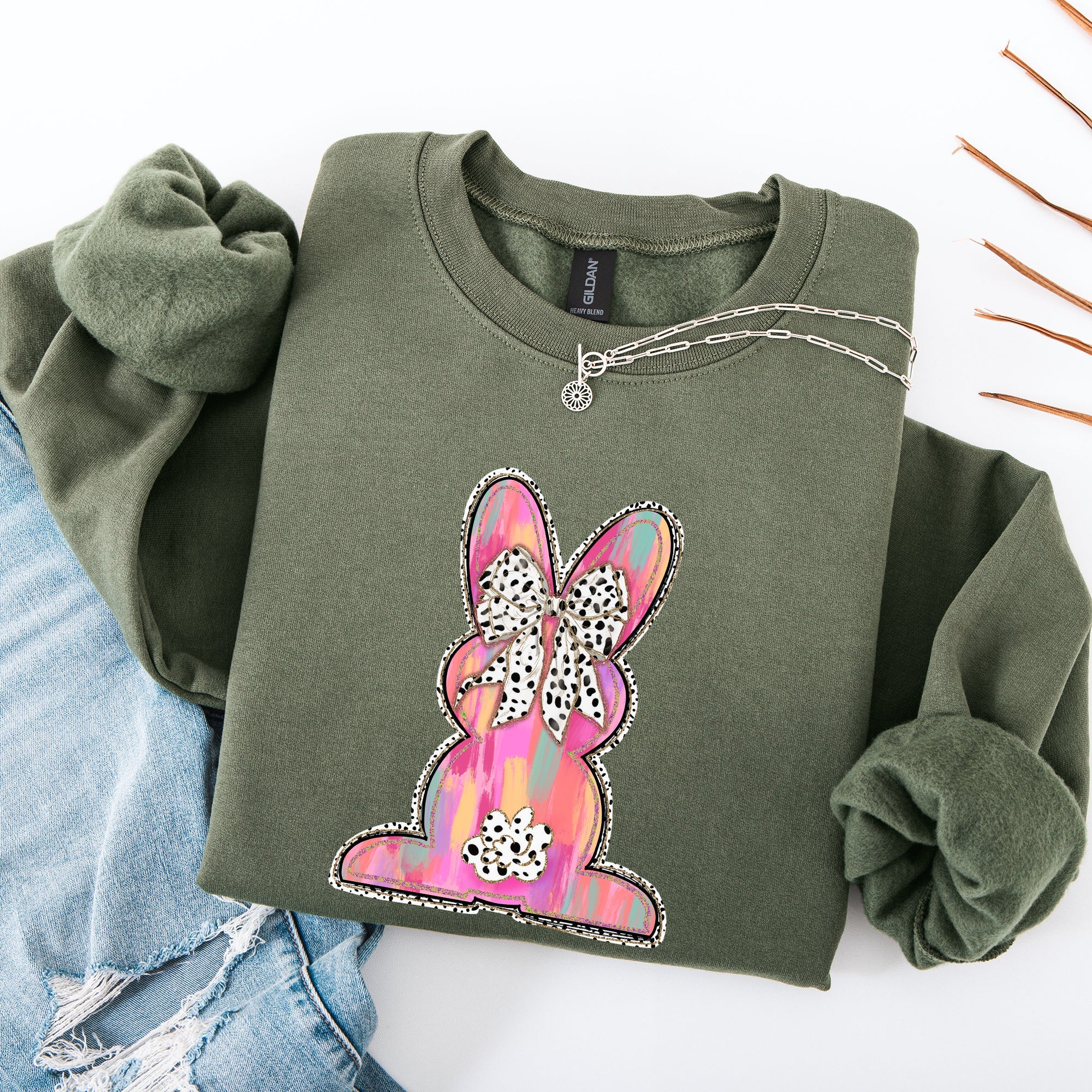Painted Colorful Dalmatian Print Easter Bunny Jesus Rabbit Holiday Theme Graphic Art Sweatshirt
