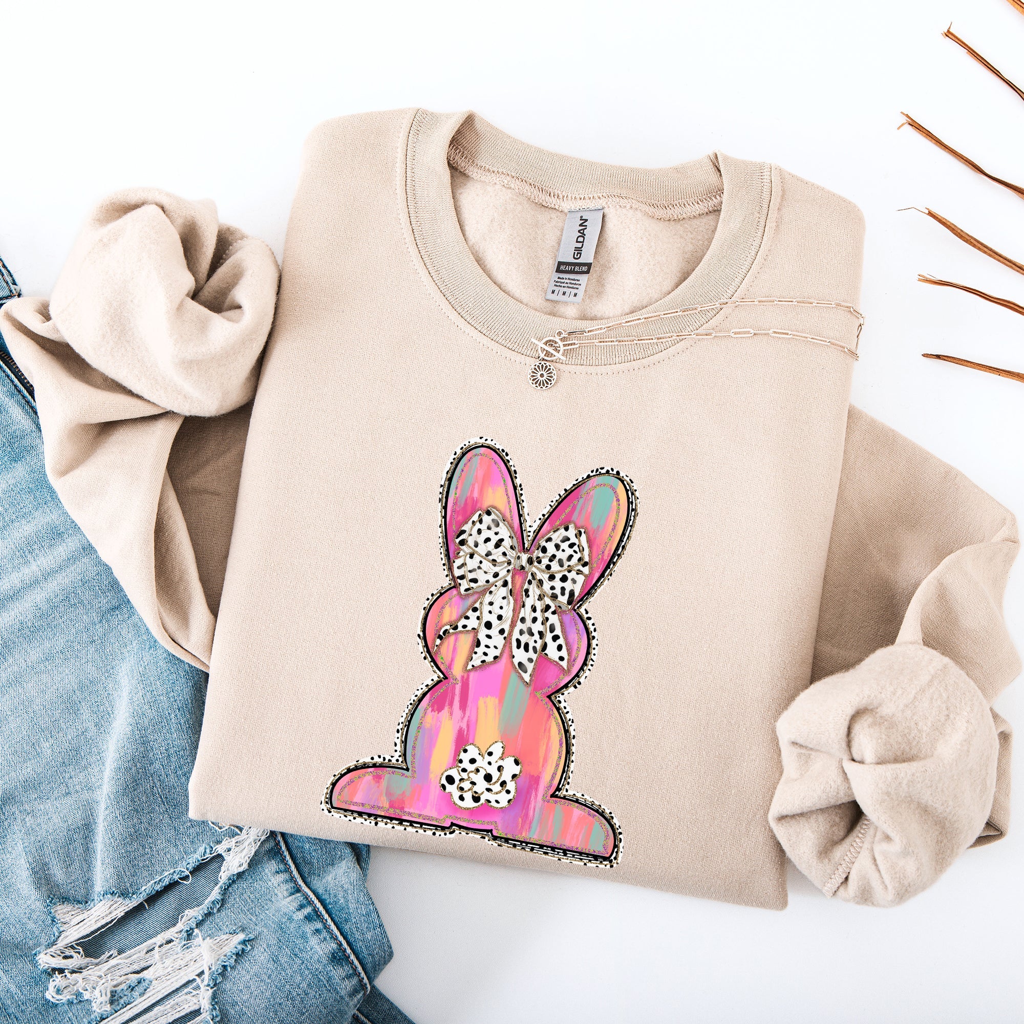 Painted Colorful Dalmatian Print Easter Bunny Jesus Rabbit Holiday Theme Graphic Art Sweatshirt