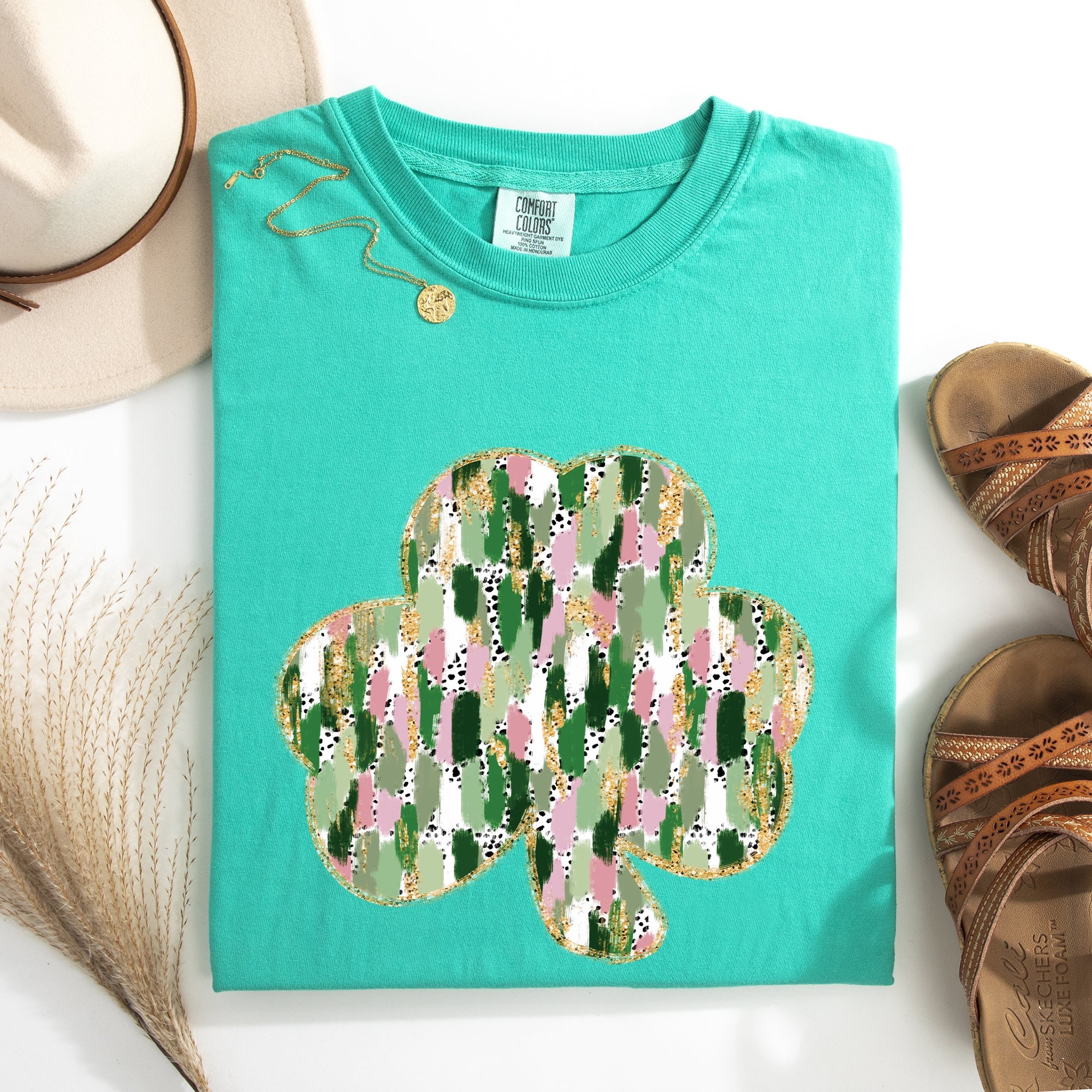 Painted Faux Glitter St Patrick's Day Shamrock Clover Leprechaun Comfort Colors Tee