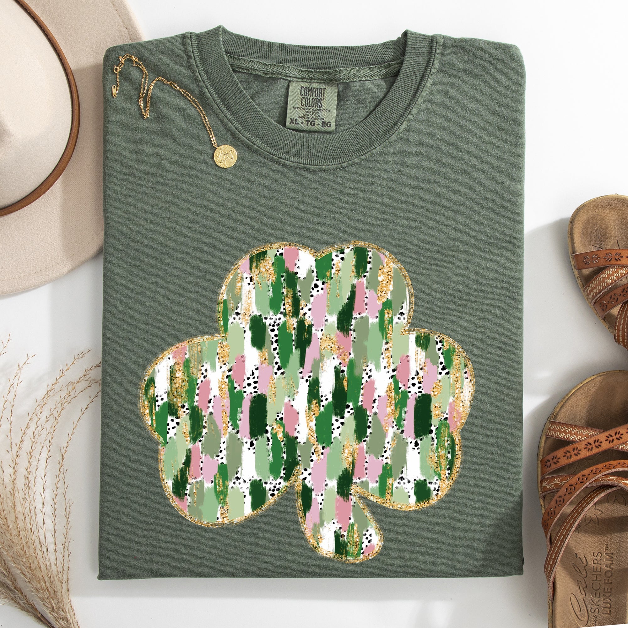Painted Faux Glitter St Patrick's Day Shamrock Clover Leprechaun Comfort Colors Tee