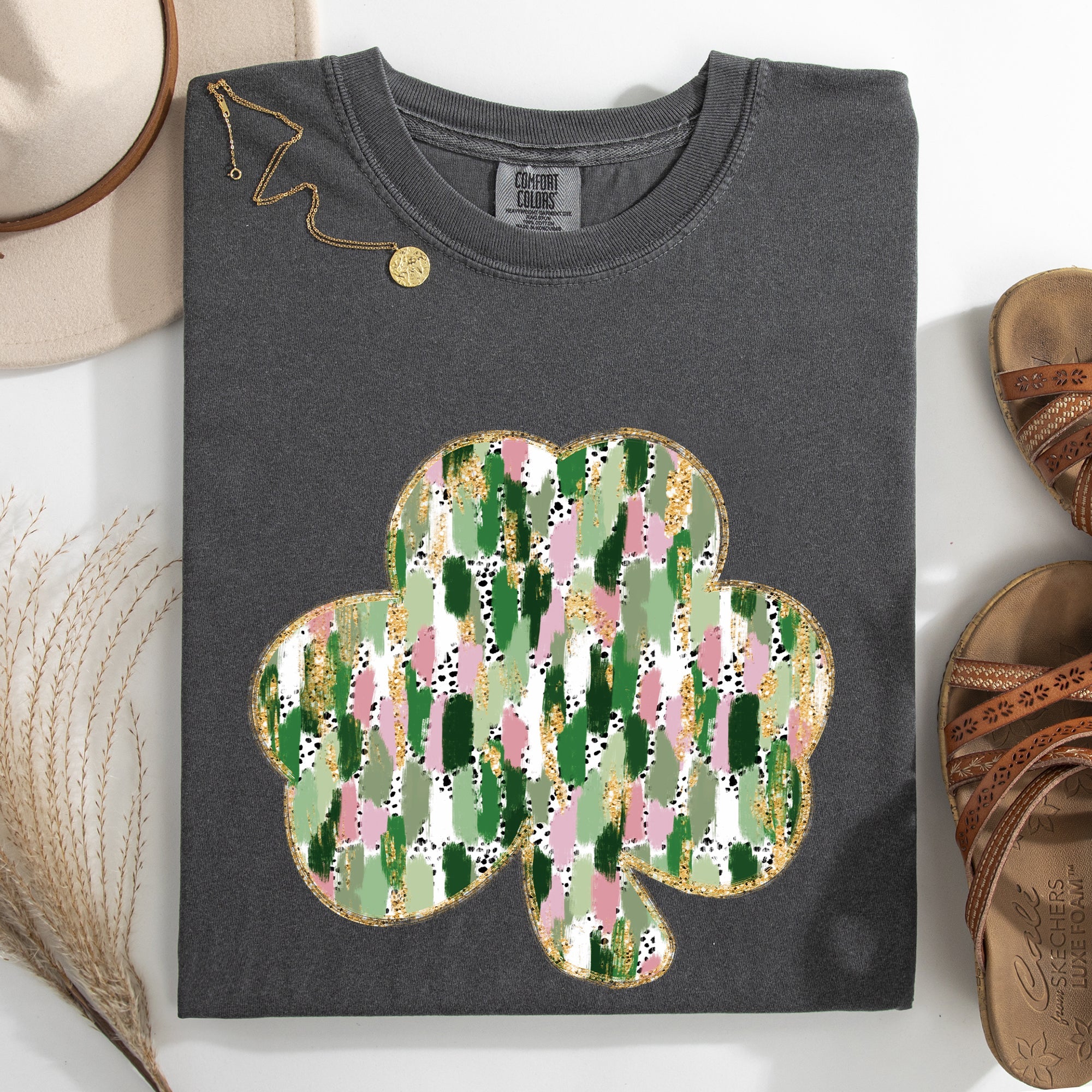 Painted Faux Glitter St Patrick's Day Shamrock Clover Leprechaun Comfort Colors Tee