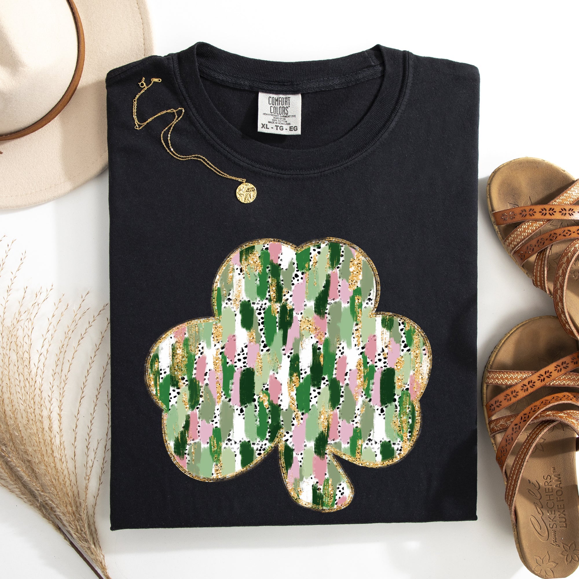 Painted Faux Glitter St Patrick's Day Shamrock Clover Leprechaun Comfort Colors Tee