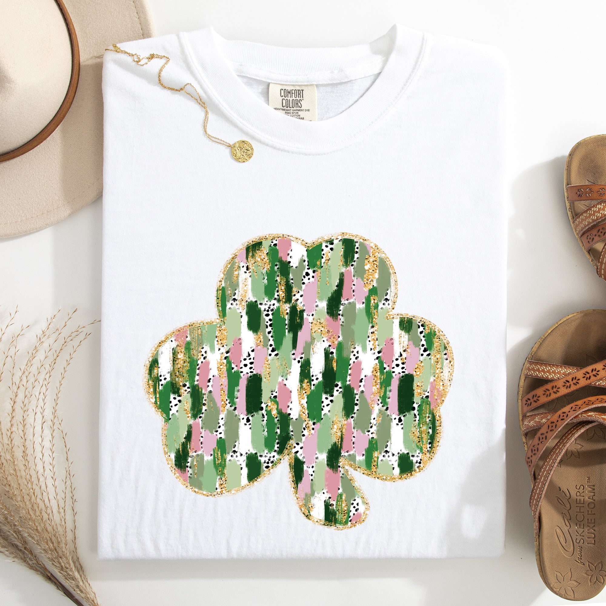 Painted Faux Glitter St Patrick's Day Shamrock Clover Leprechaun Comfort Colors Tee
