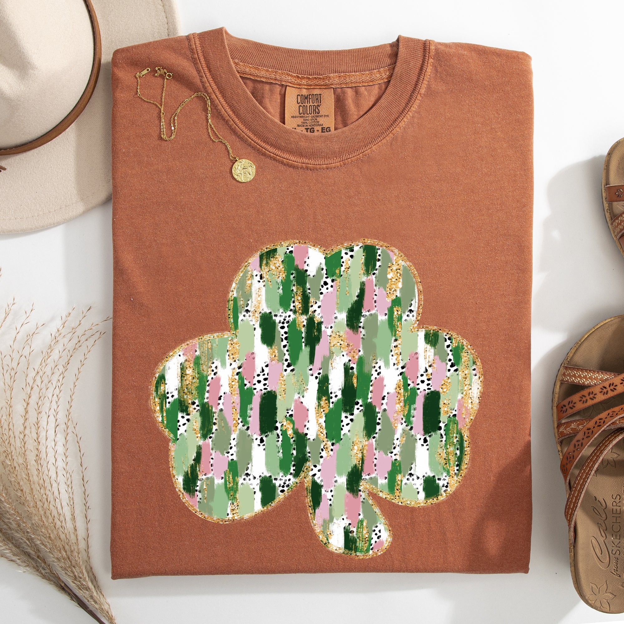 Painted Faux Glitter St Patrick's Day Shamrock Clover Leprechaun Comfort Colors Tee