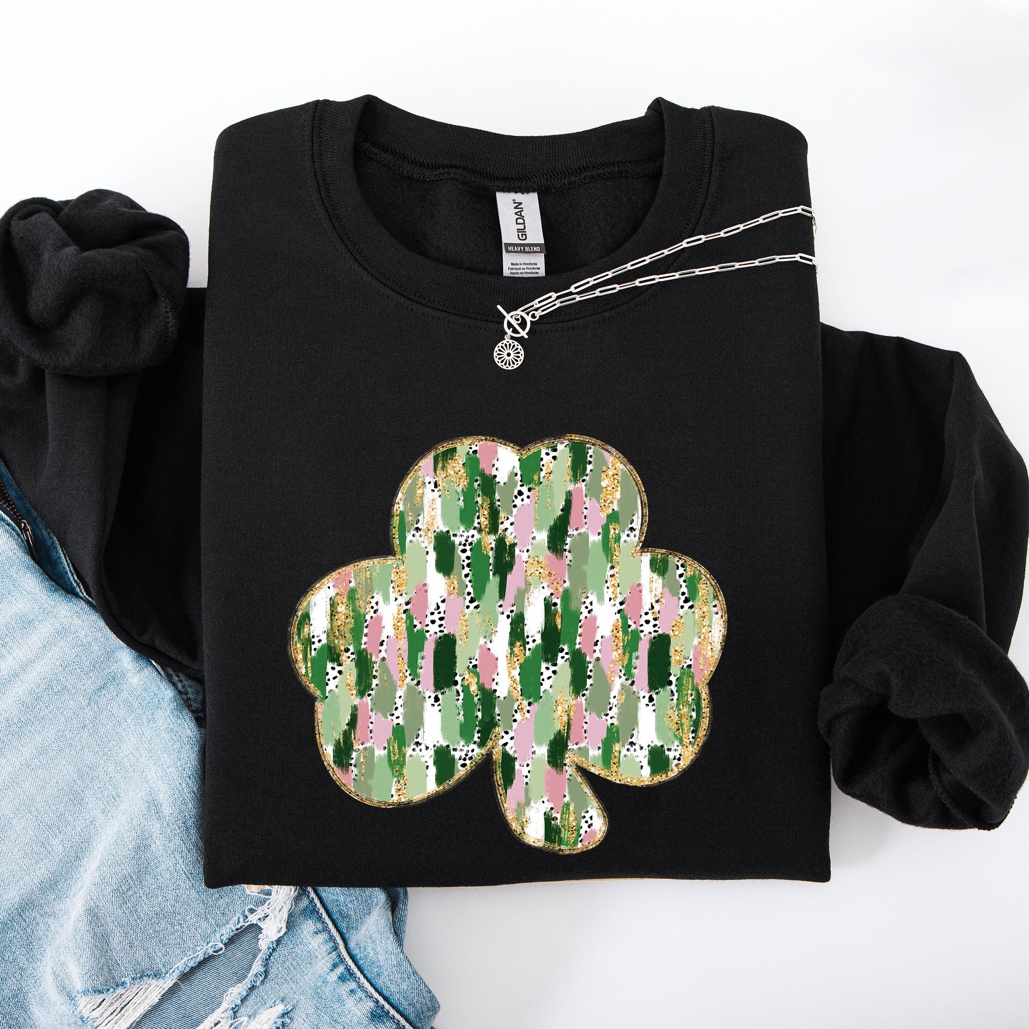 Painted Leprechaun Shamrock Scene With Faux Glitter And Lucky Festive Vibes Sweatshirt