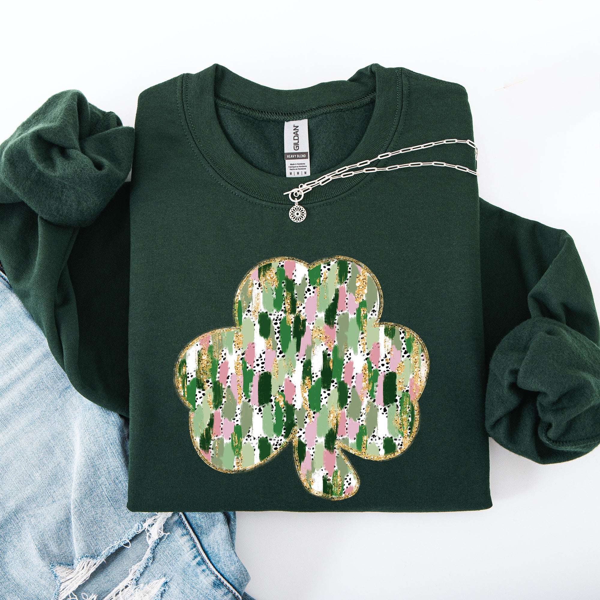 Painted Leprechaun Shamrock Scene With Faux Glitter And Lucky Festive Vibes Sweatshirt