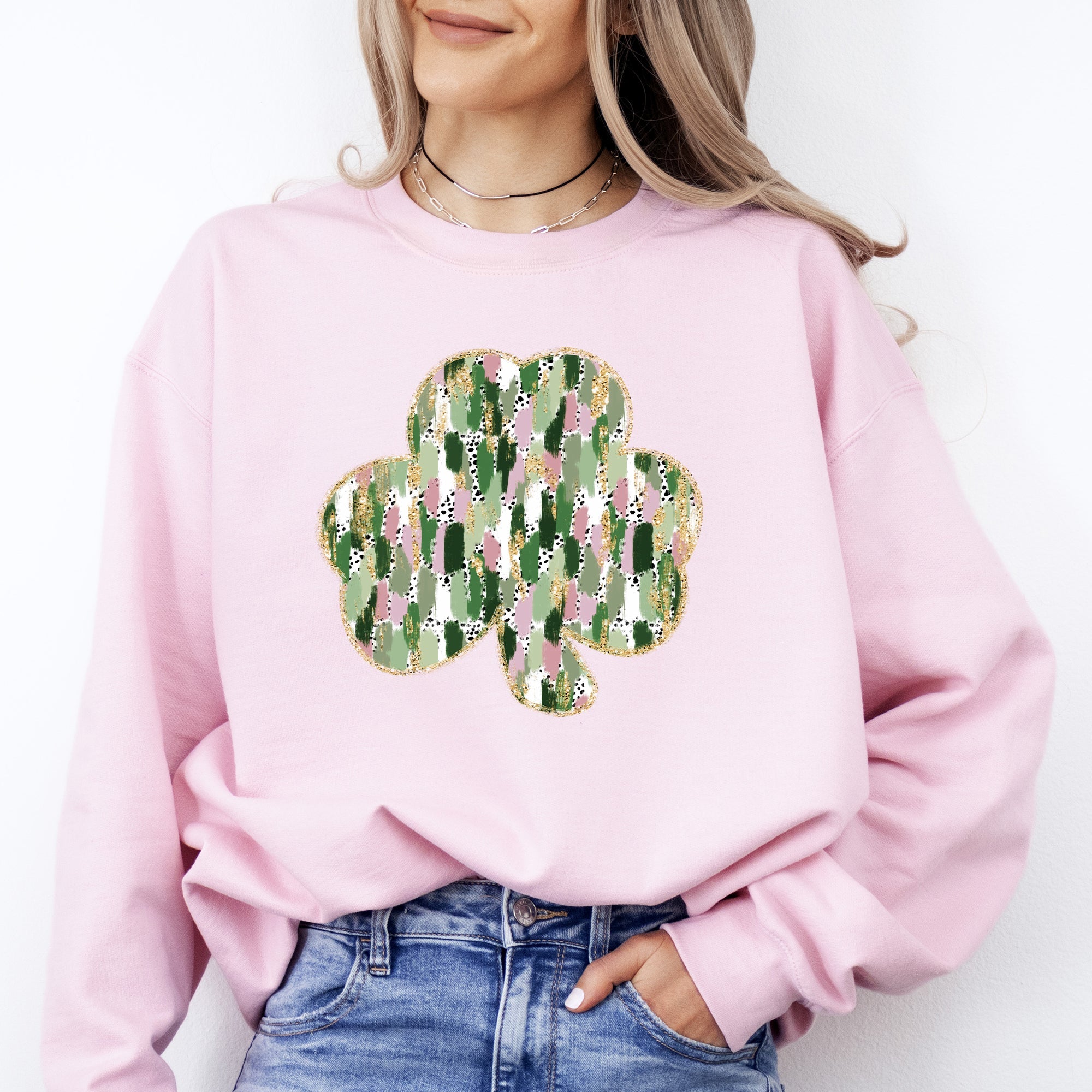 Painted Leprechaun Shamrock Scene With Faux Glitter And Lucky Festive Vibes Sweatshirt
