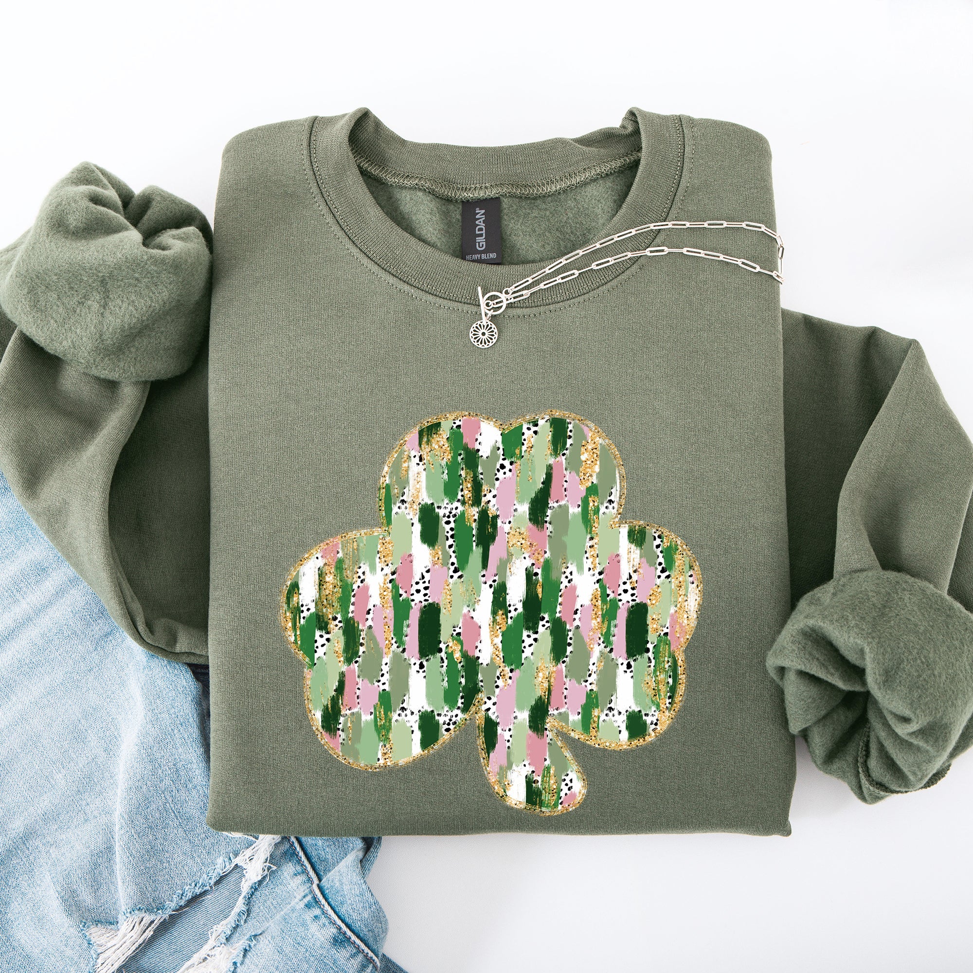 Painted Leprechaun Shamrock Scene With Faux Glitter And Lucky Festive Vibes Sweatshirt