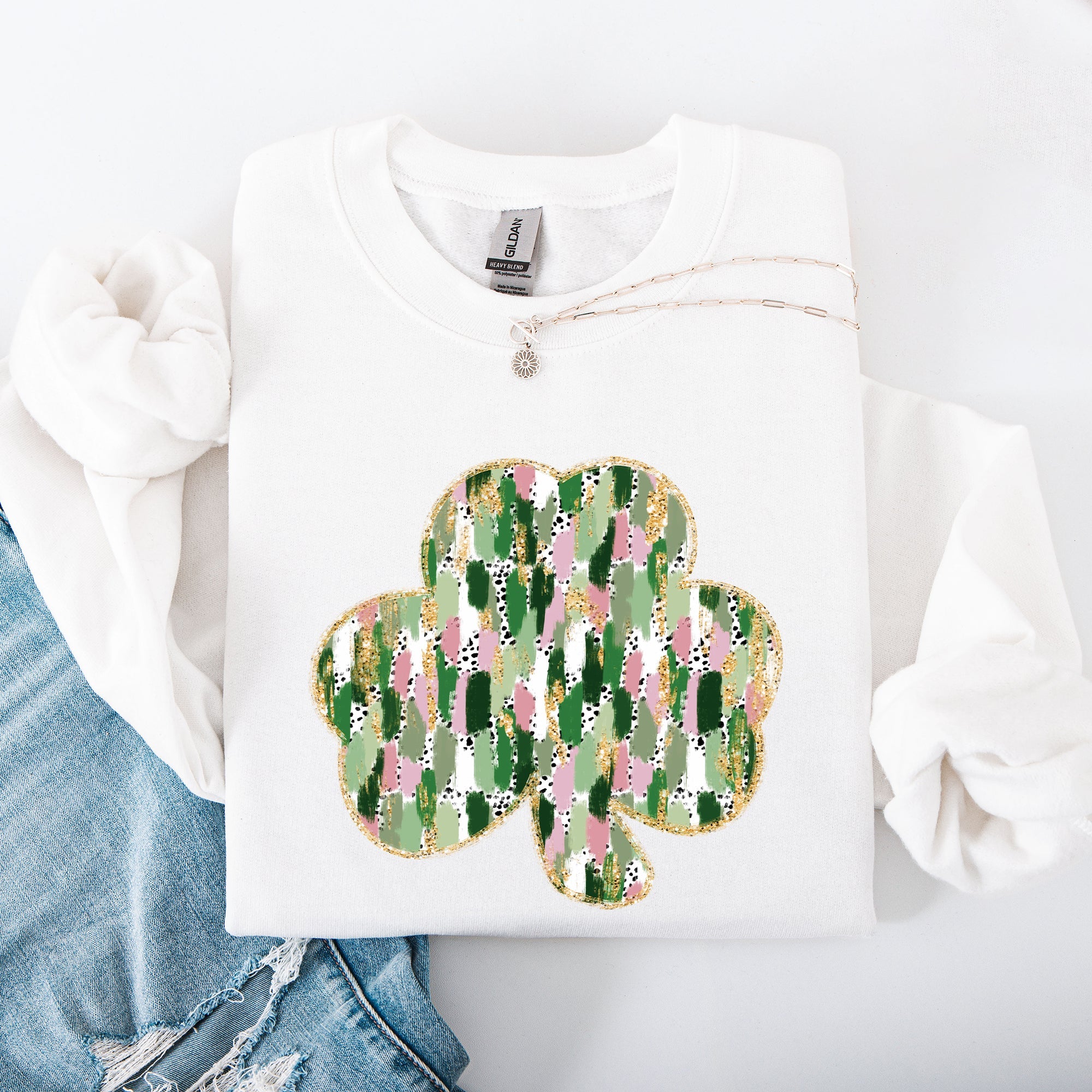 Painted Leprechaun Shamrock Scene With Faux Glitter And Lucky Festive Vibes Sweatshirt