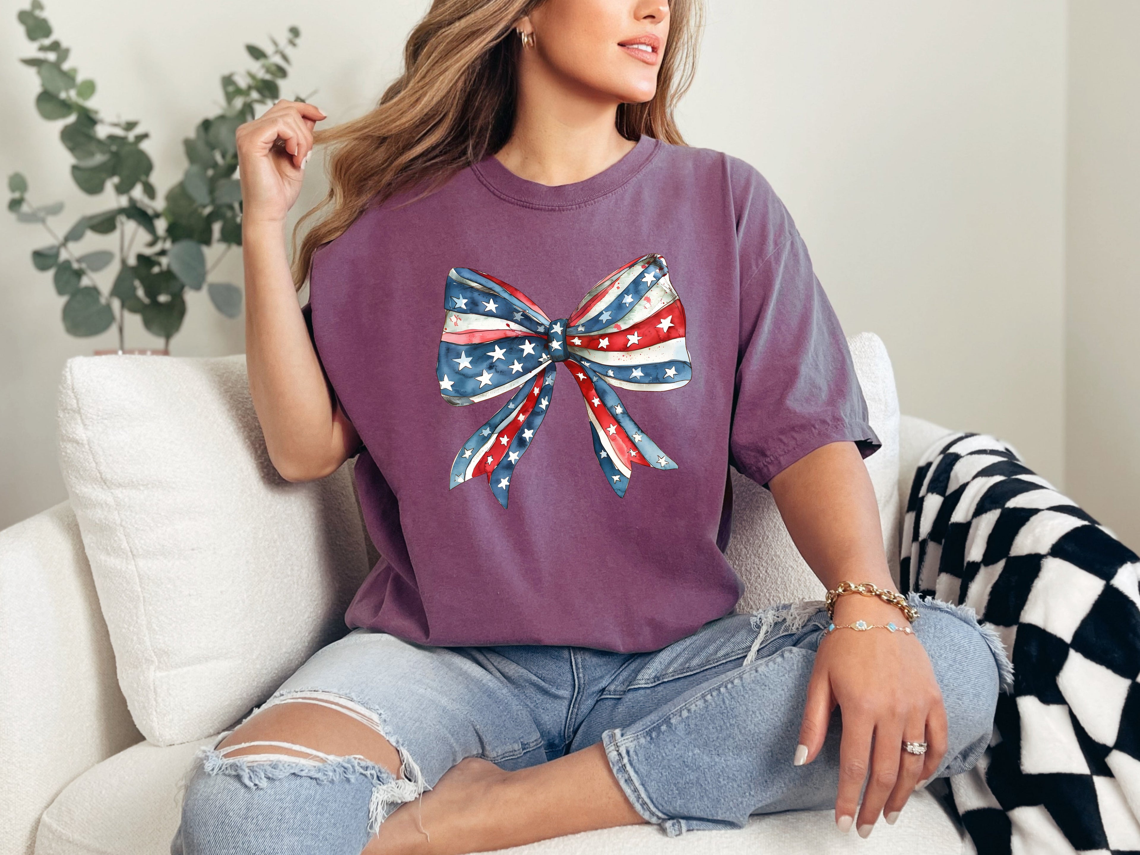 Patriotic Bow Ribbon USA 4th Of July Memorial Day Vintage Look Comfort Colors Tee