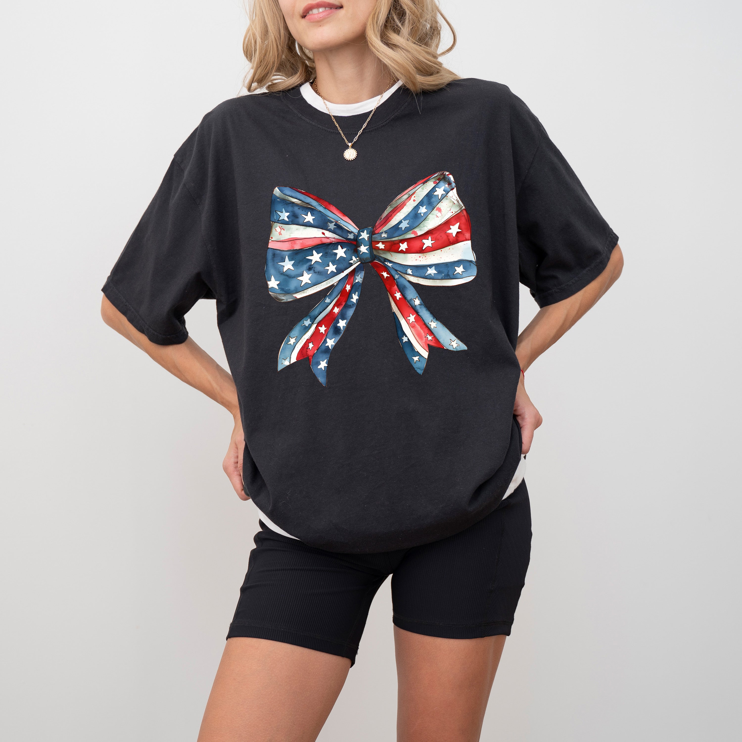 Patriotic Bow Ribbon USA 4th Of July Memorial Day Vintage Look Comfort Colors Tee