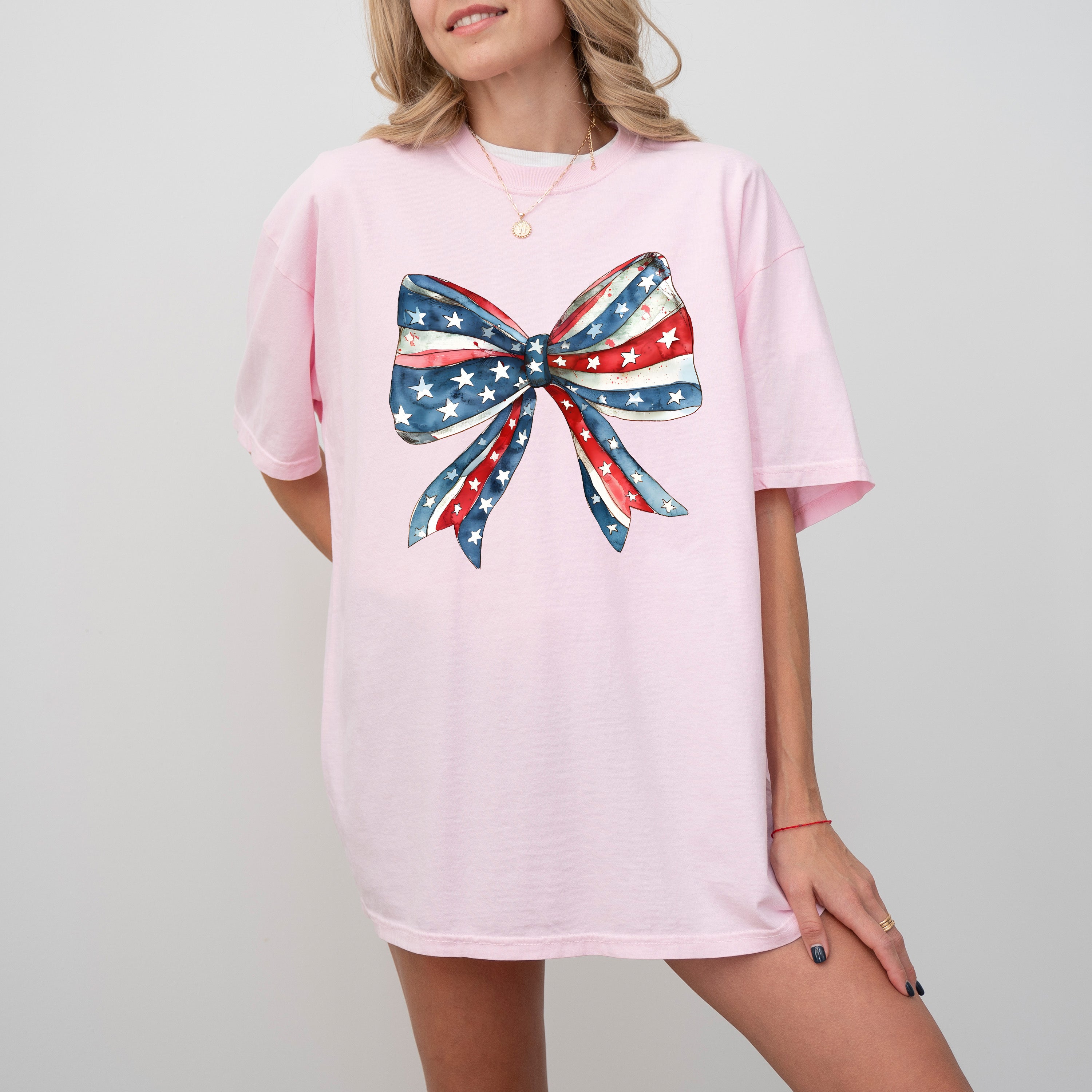 Patriotic Bow Ribbon USA 4th Of July Memorial Day Vintage Look Comfort Colors Tee