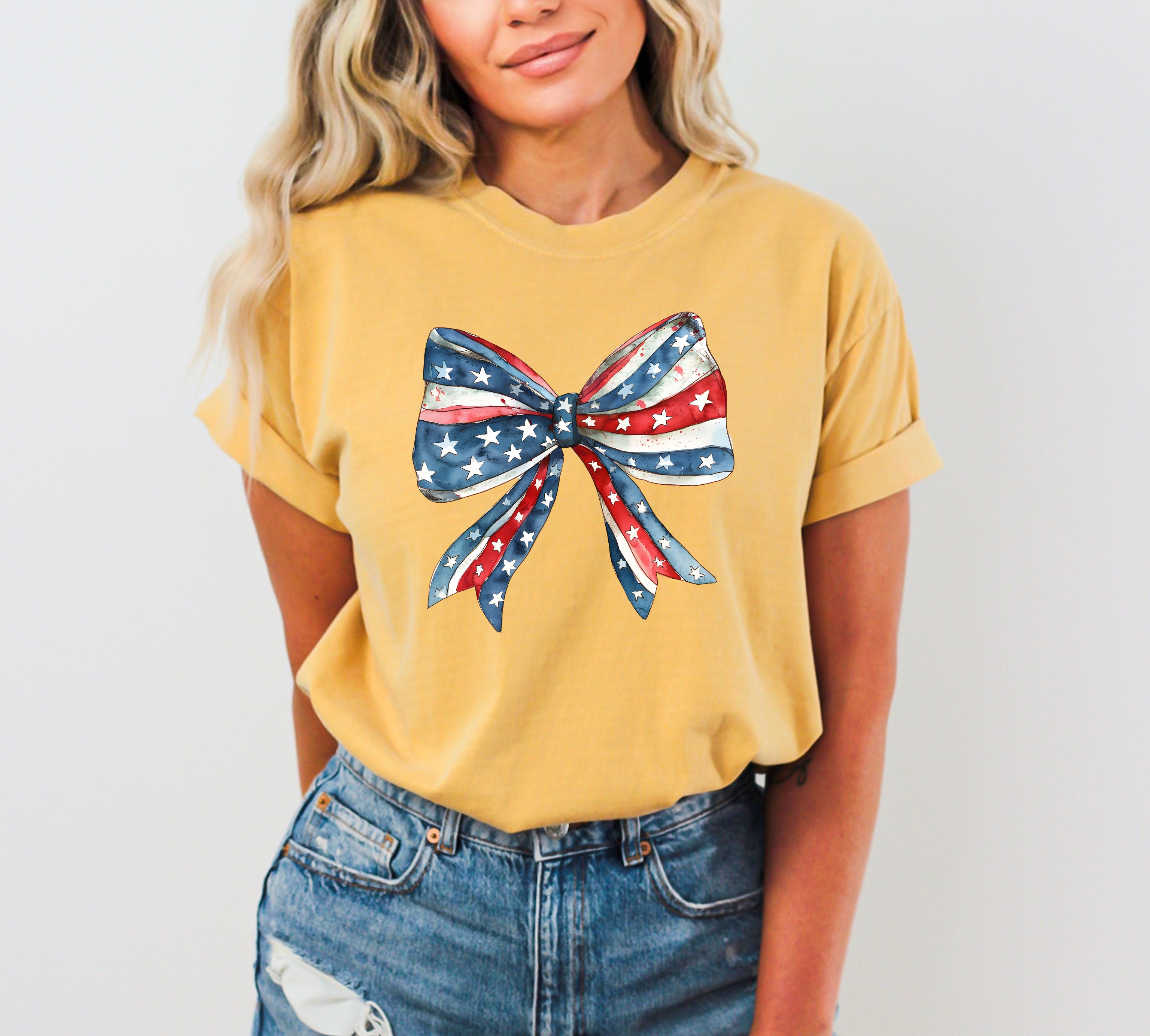 Patriotic Bow Ribbon USA 4th Of July Memorial Day Vintage Look Comfort Colors Tee