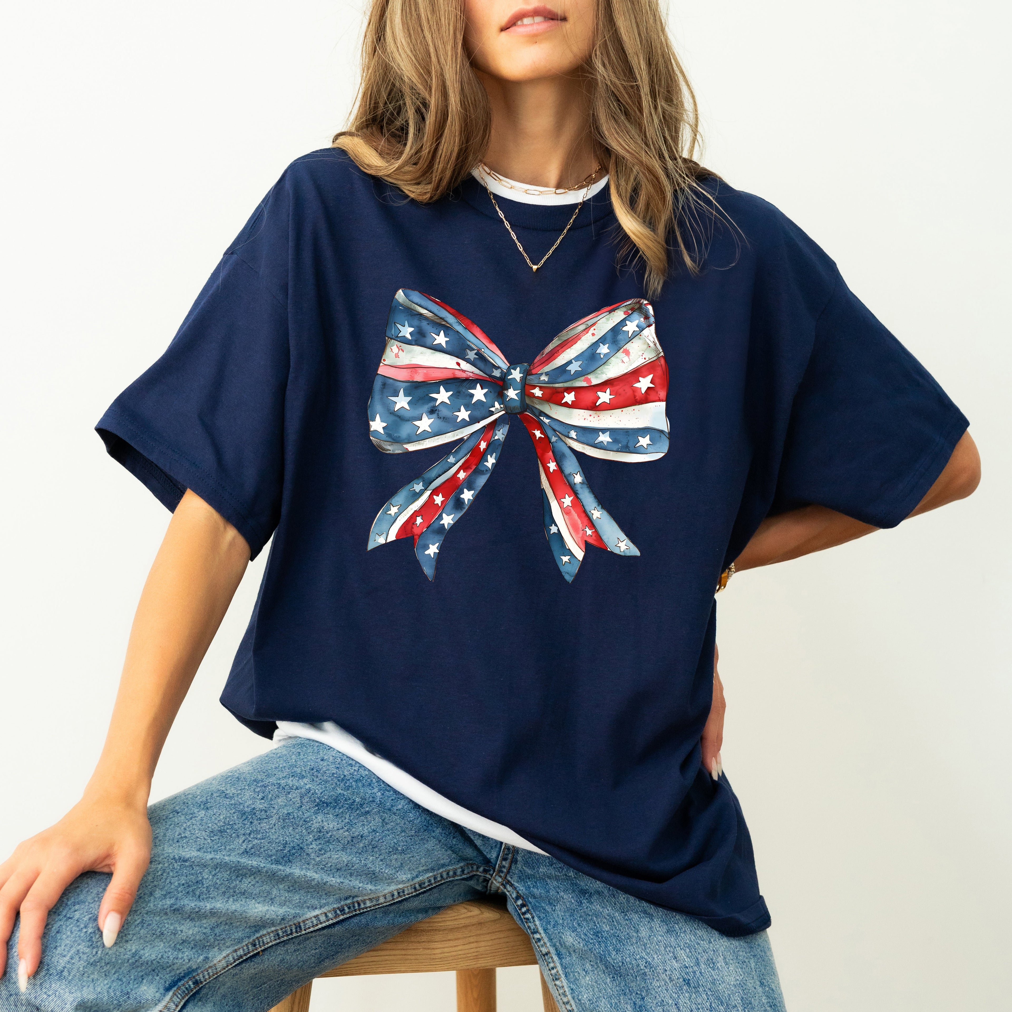 Patriotic Bow Ribbon USA 4th Of July Memorial Day Vintage Look Comfort Colors Tee