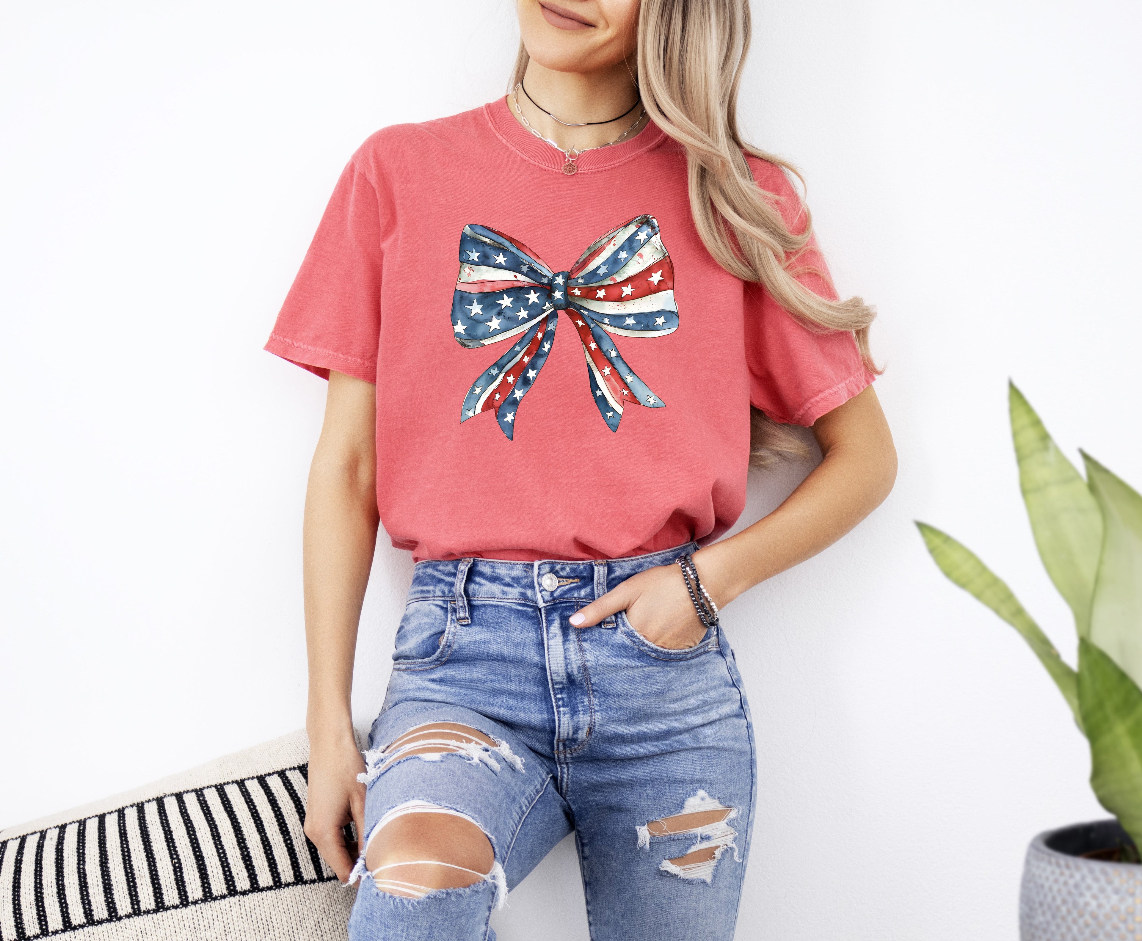 Patriotic Bow Ribbon USA 4th Of July Memorial Day Vintage Look Comfort Colors Tee