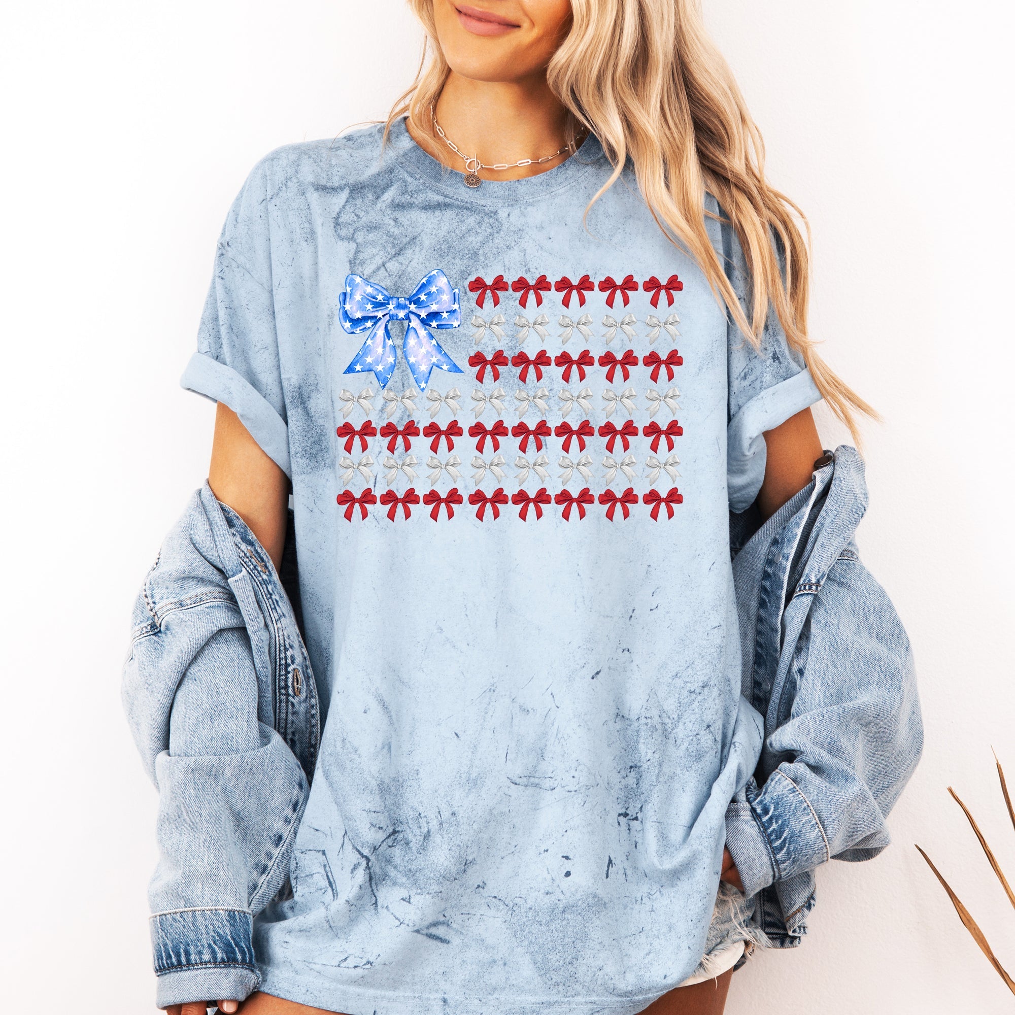 Patriotic Bows Flag USA Coquette Ribbons Color Blast America Colorful Stripes Stars Vintage Style Comfort Colors Tee