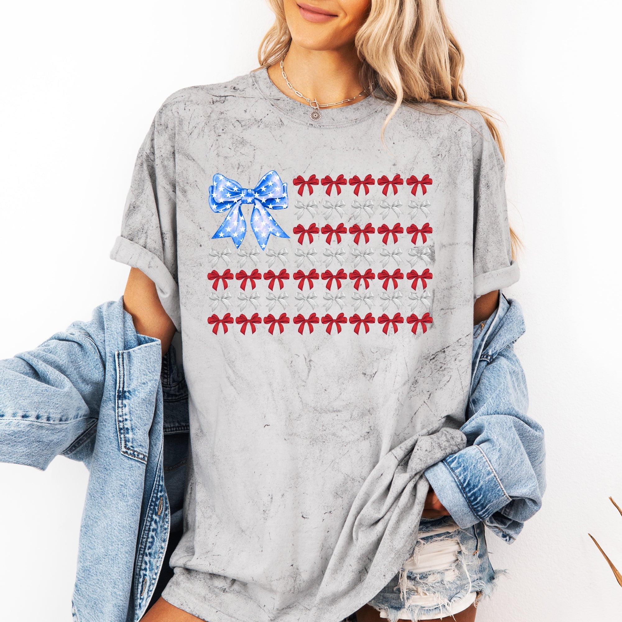 Patriotic Bows Flag USA Coquette Ribbons Color Blast America Colorful Stripes Stars Vintage Style Comfort Colors Tee