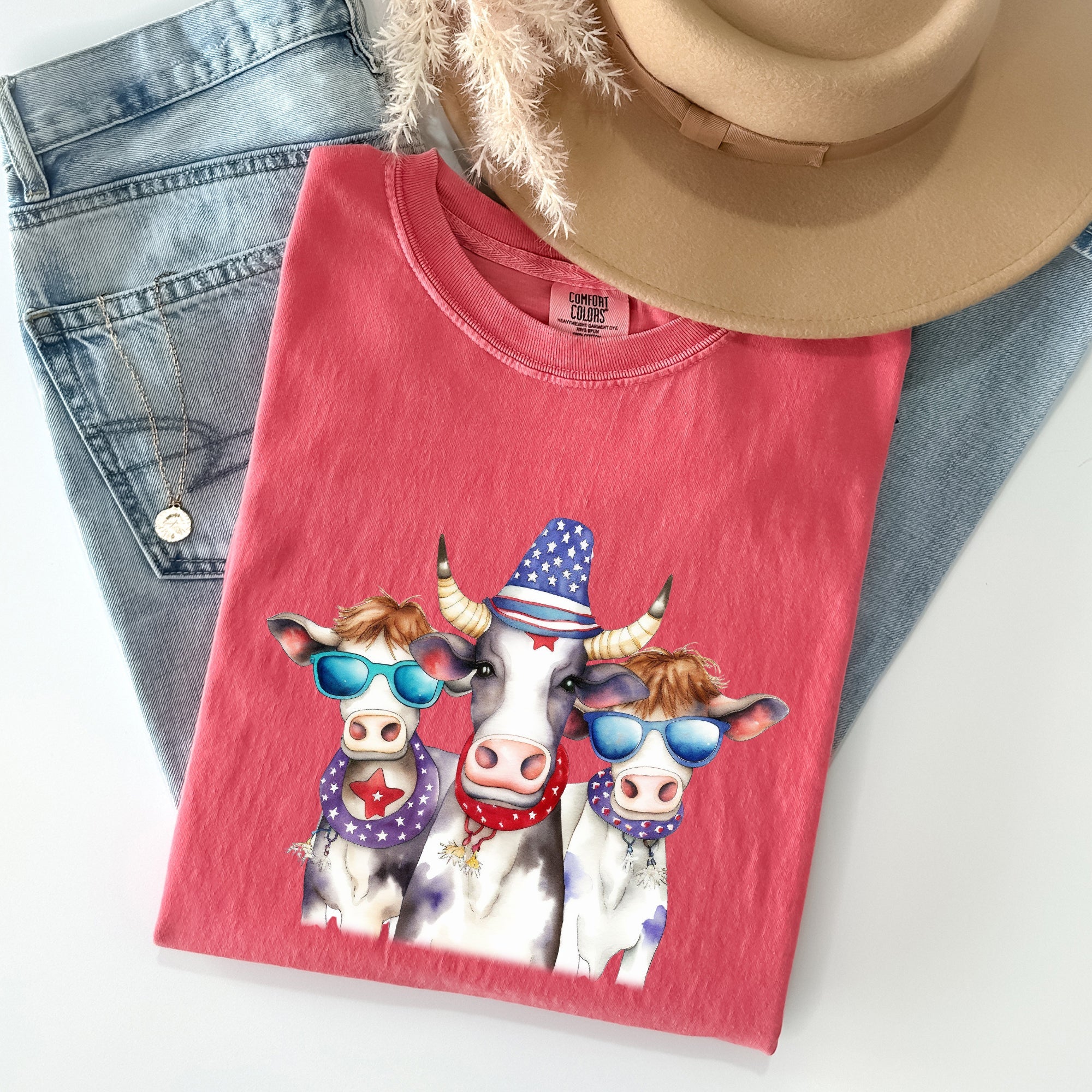 Patriotic Cows Hippie Funny 4th Of July Vintage Americana Festival Pride Comfort Colors Tee