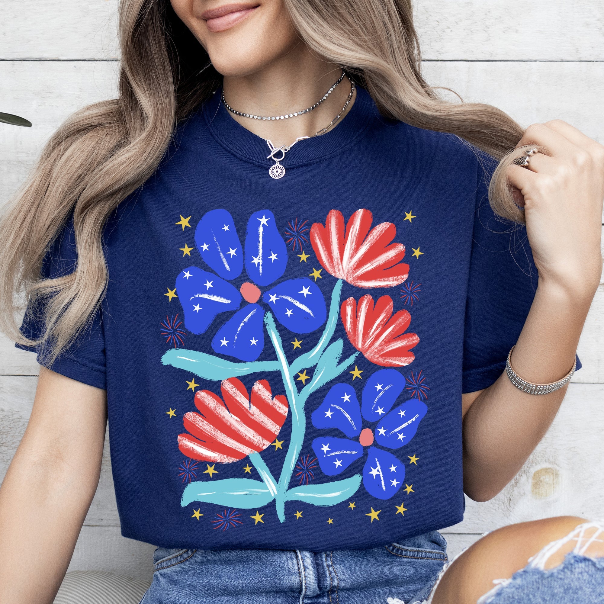 Patriotic Flowers Red White Blue America USA 4th of July Vintage Comfort Colors Tee