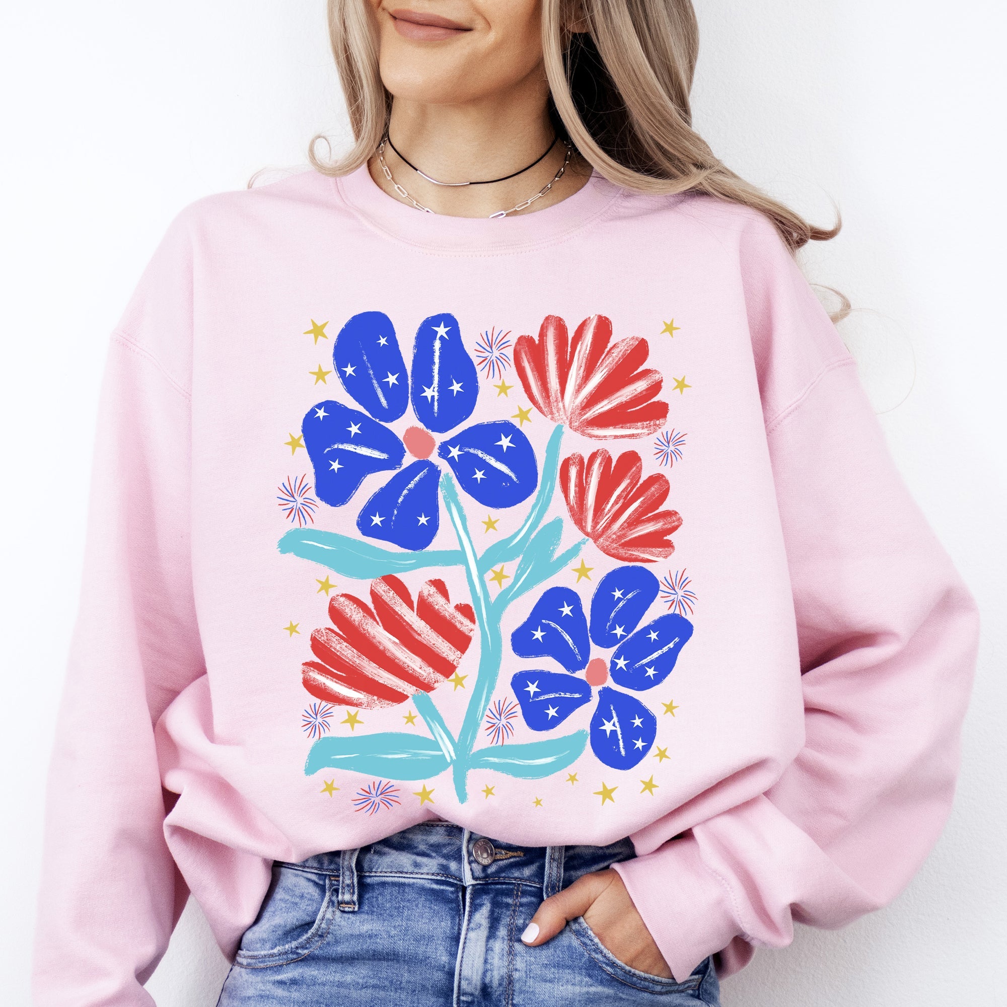 Patriotic Flowers Red White Blue USA 4th Of July Pride Flag Inspired Edition Sweatshirt