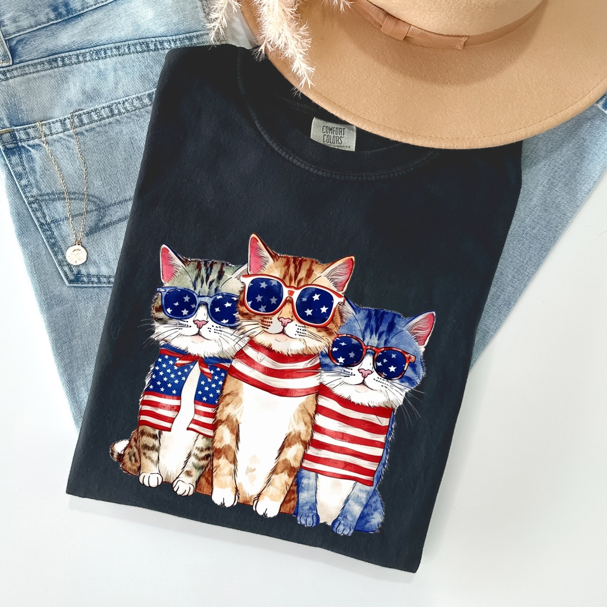 Patriotic Hippie Cats Peace Sign Edition For Americana Lovers Comfort Colors Tee