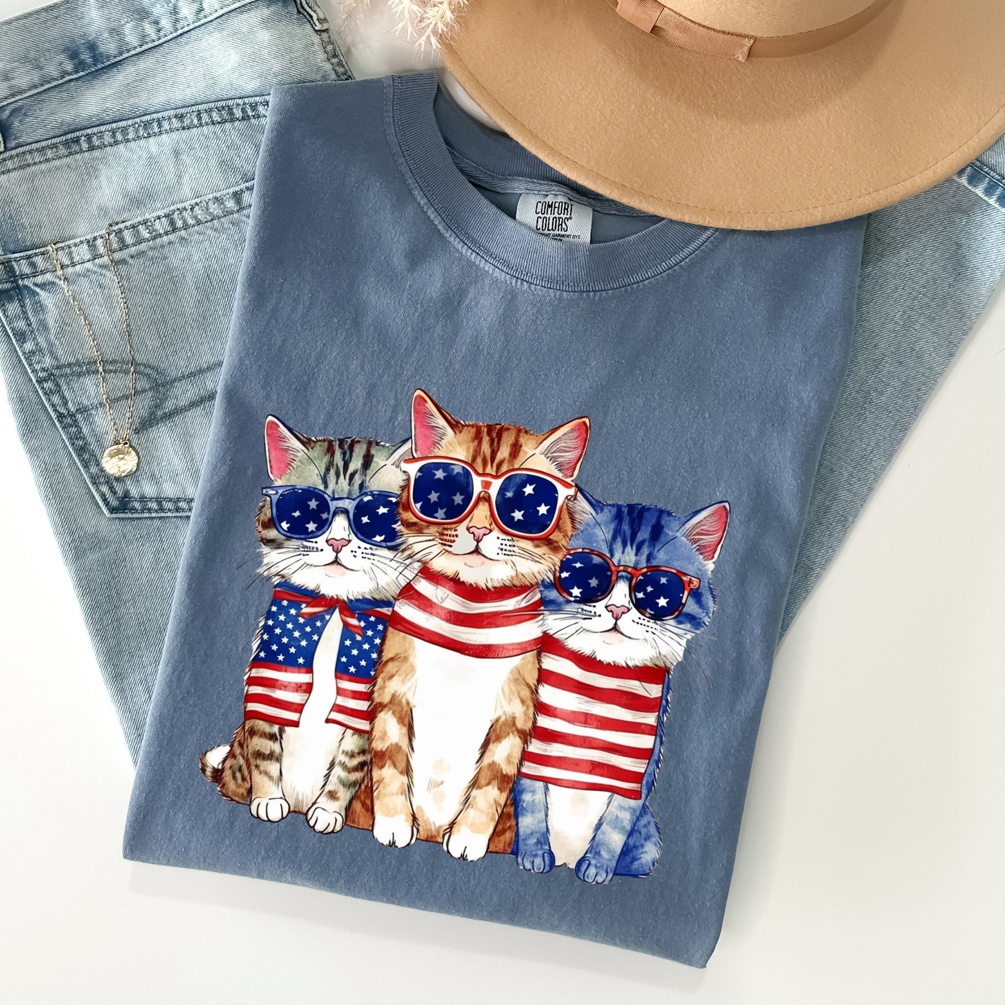 Patriotic Hippie Cats Peace Sign Edition For Americana Lovers Comfort Colors Tee