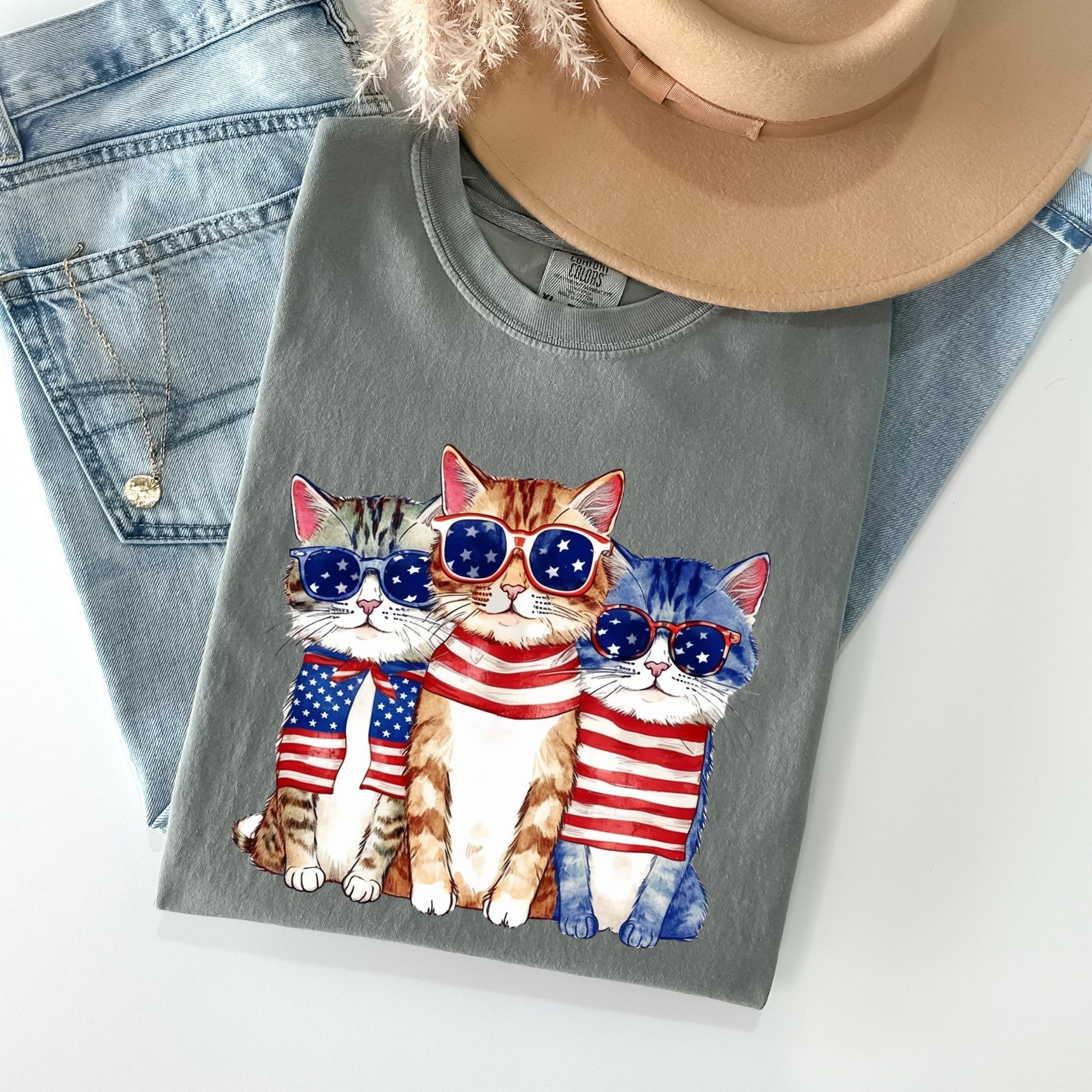 Patriotic Hippie Cats Peace Sign Edition For Americana Lovers Comfort Colors Tee