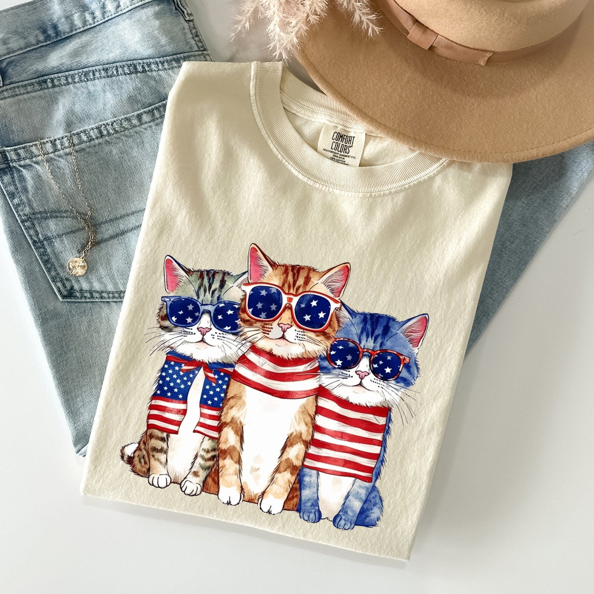 Patriotic Hippie Cats Peace Sign Edition For Americana Lovers Comfort Colors Tee
