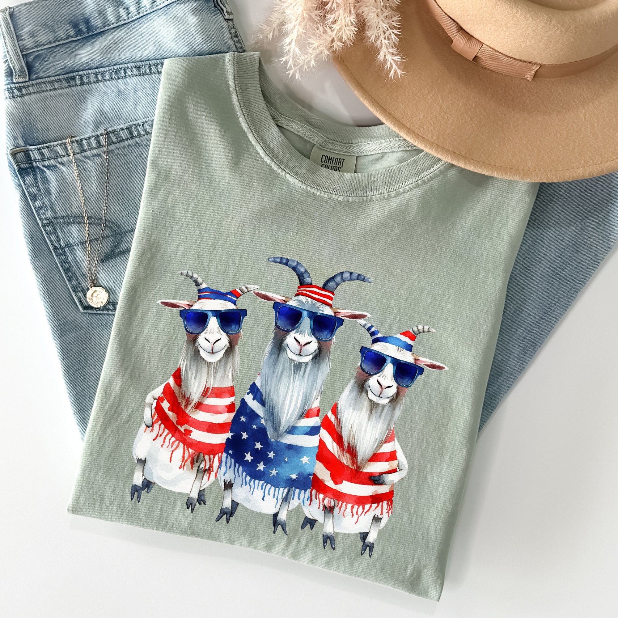 Patriotic Hippie Goats Retro Americana Fourth Of July Graphic Illustration Edition Vintage Style Comfort Colors Tee