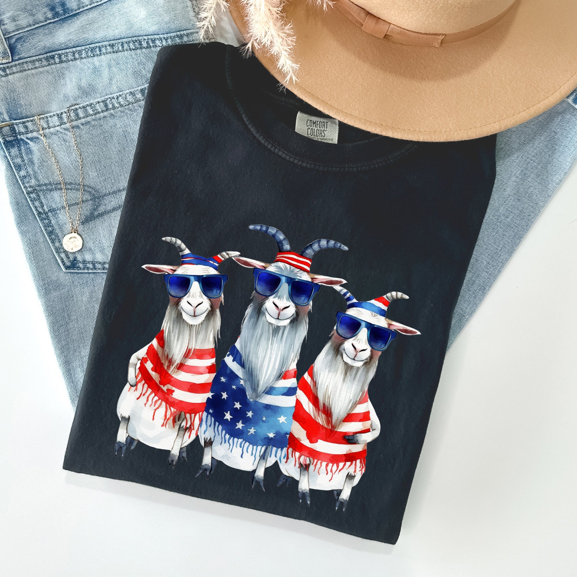 Patriotic Hippie Goats Retro Americana Fourth Of July Graphic Illustration Edition Vintage Style Comfort Colors Tee