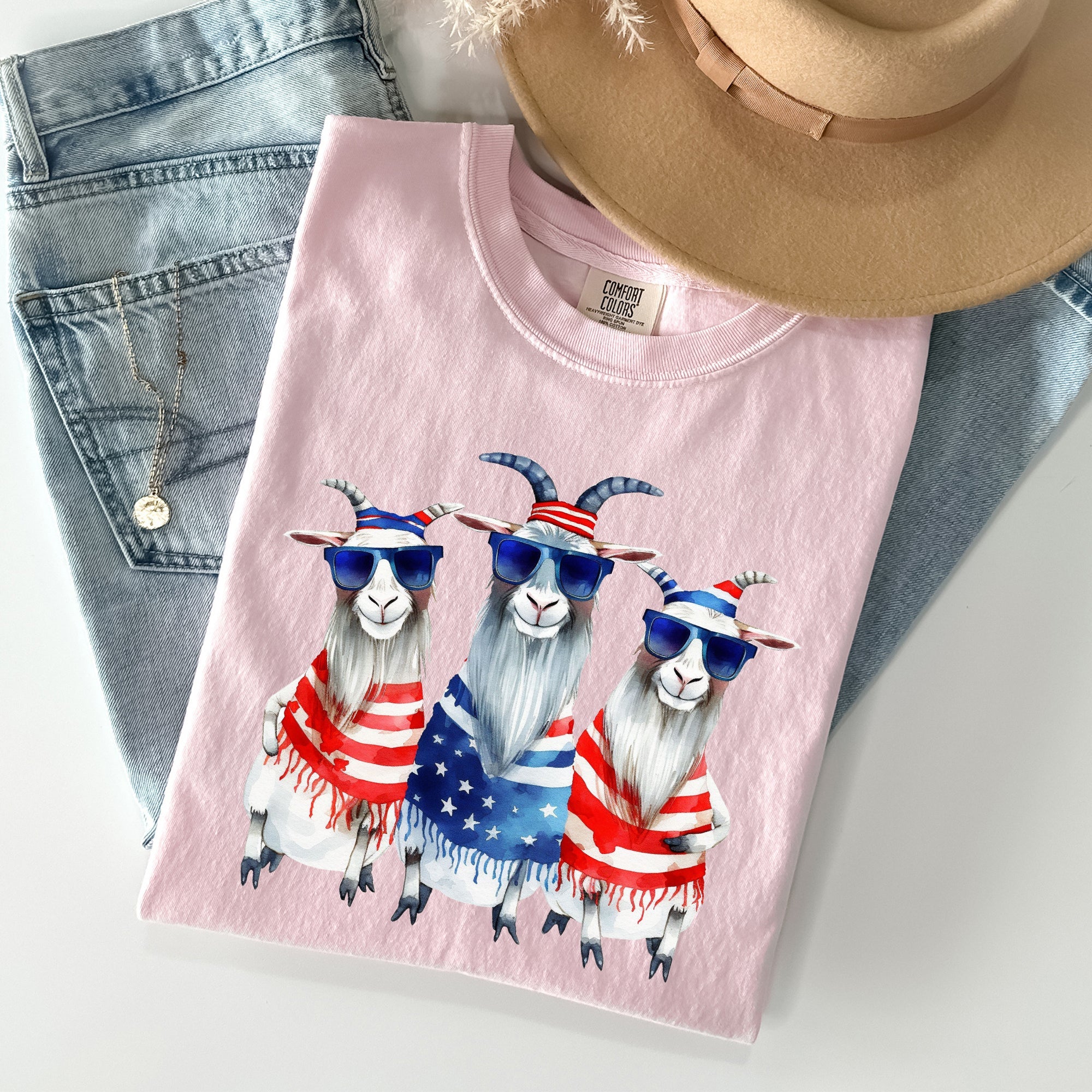 Patriotic Hippie Goats Retro Americana Fourth Of July Graphic Illustration Edition Vintage Style Comfort Colors Tee