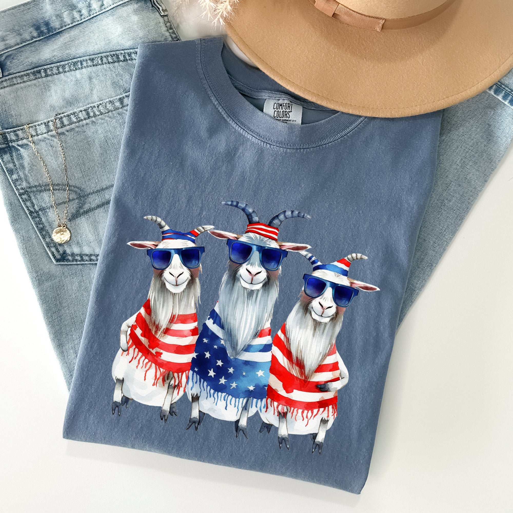 Patriotic Hippie Goats Retro Americana Fourth Of July Graphic Illustration Edition Vintage Style Comfort Colors Tee