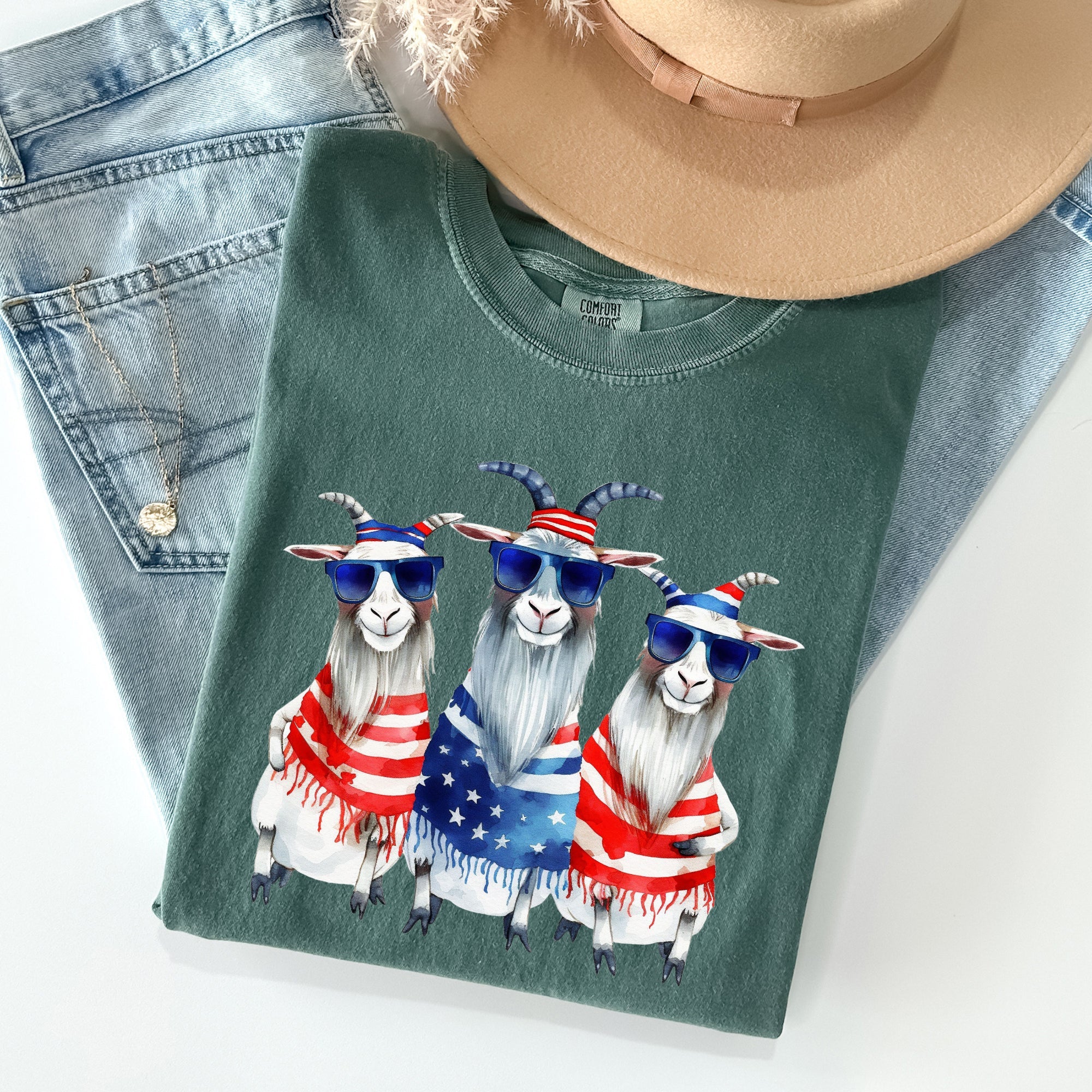 Patriotic Hippie Goats Retro Americana Fourth Of July Graphic Illustration Edition Vintage Style Comfort Colors Tee