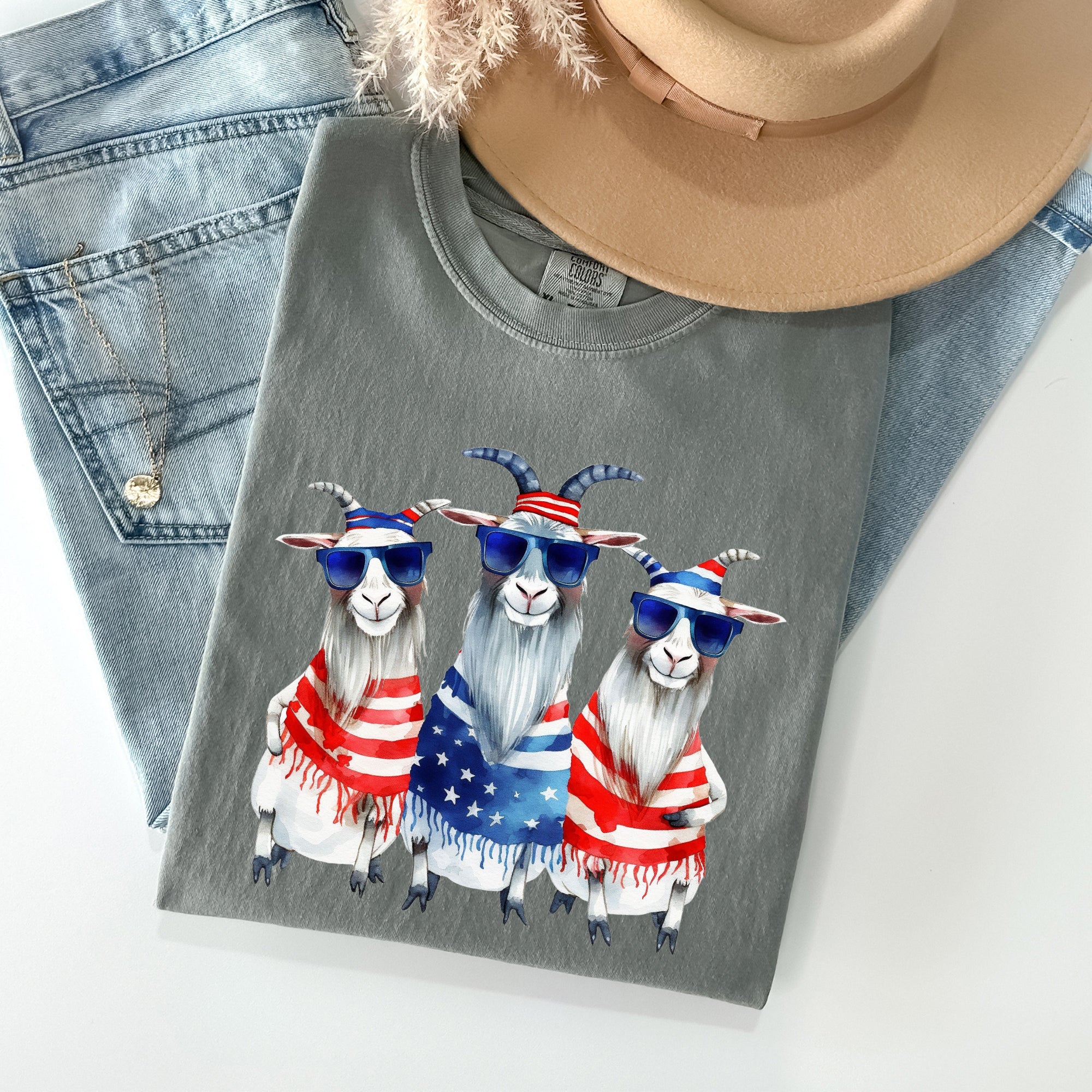 Patriotic Hippie Goats Retro Americana Fourth Of July Graphic Illustration Edition Vintage Style Comfort Colors Tee
