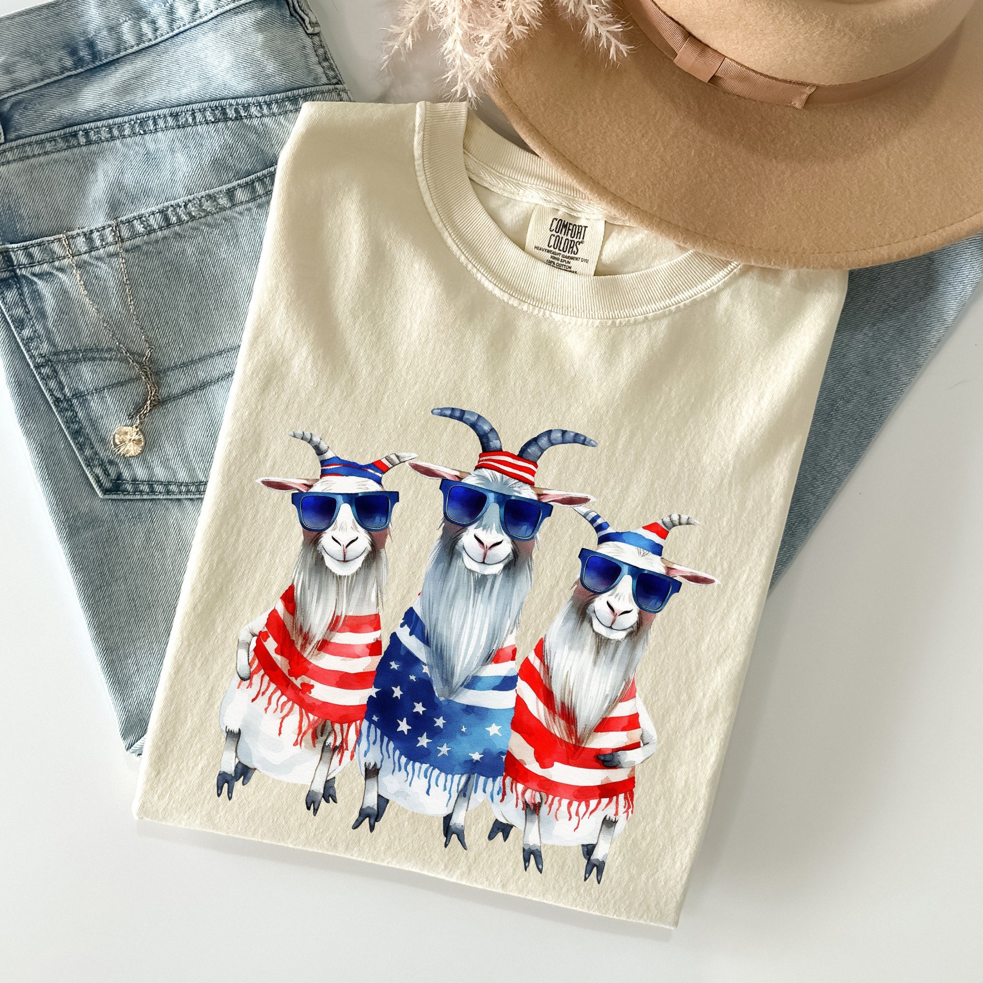 Patriotic Hippie Goats Retro Americana Fourth Of July Graphic Illustration Edition Vintage Style Comfort Colors Tee