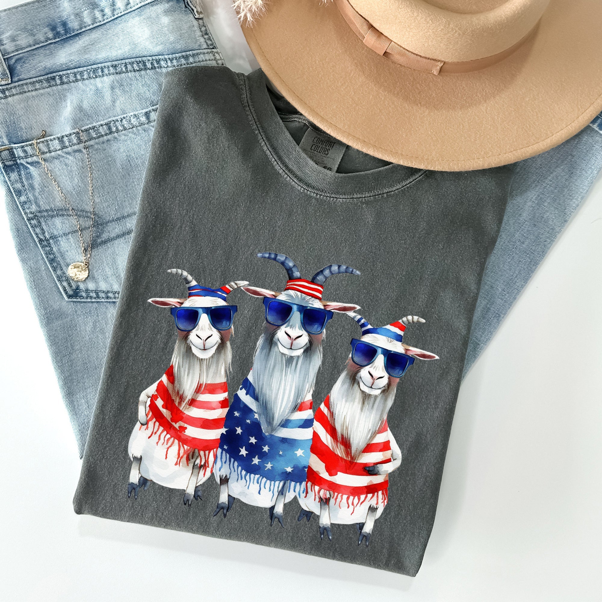 Patriotic Hippie Goats Retro Americana Fourth Of July Graphic Illustration Edition Vintage Style Comfort Colors Tee