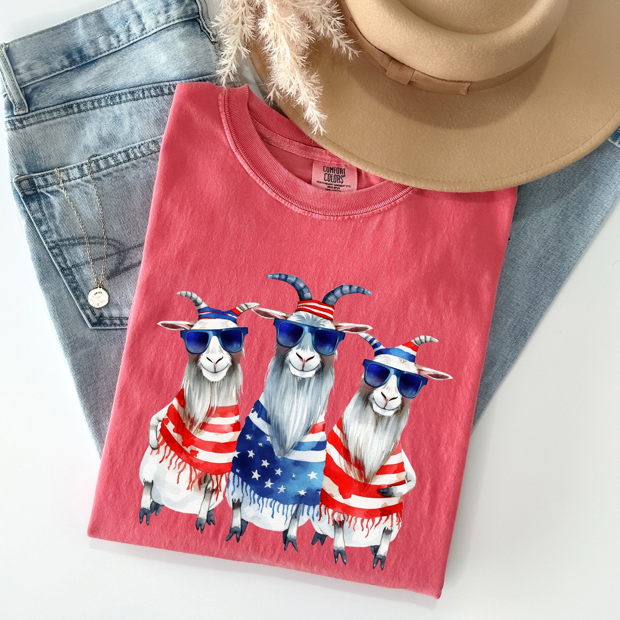 Patriotic Hippie Goats Retro Americana Fourth Of July Graphic Illustration Edition Vintage Style Comfort Colors Tee