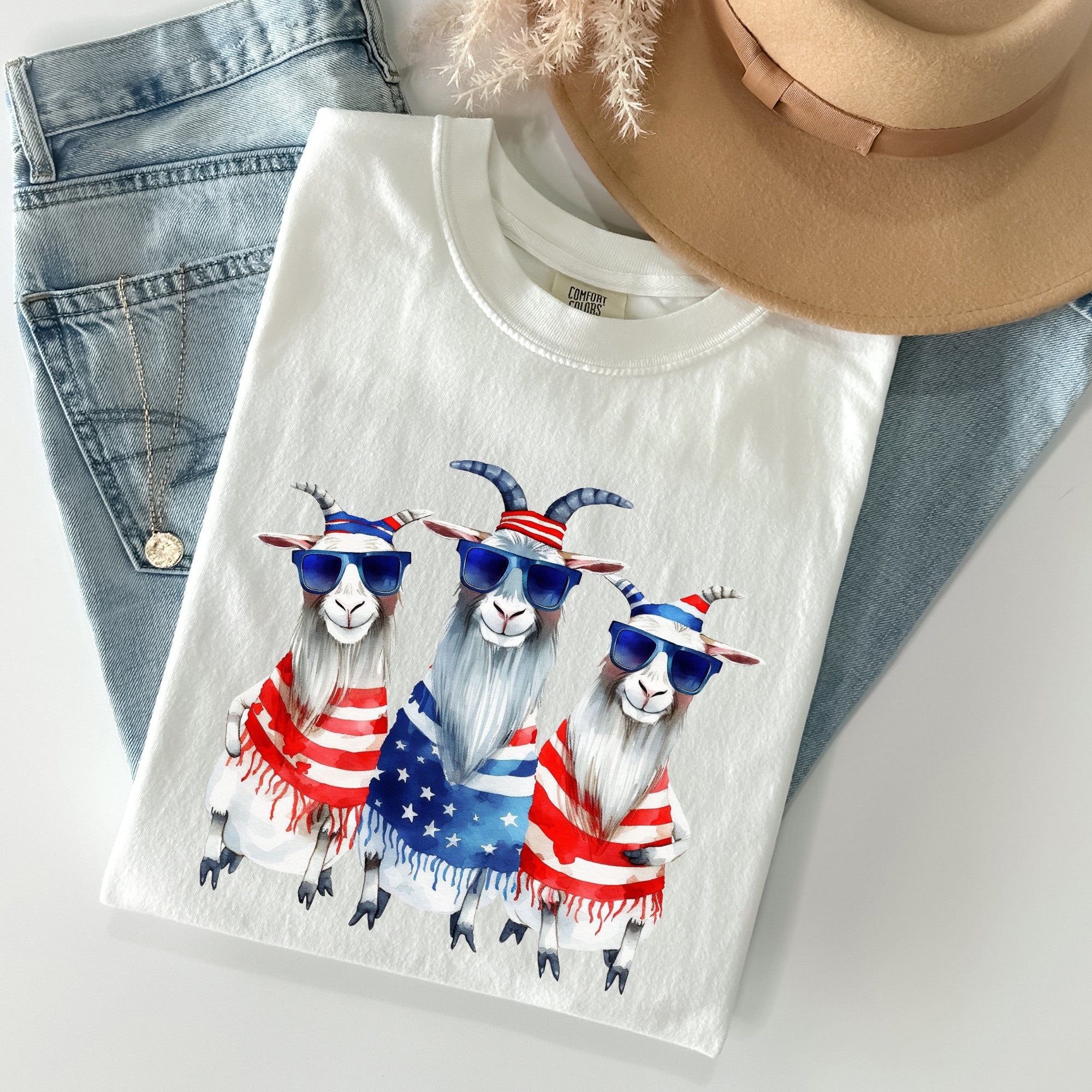 Patriotic Hippie Goats Retro Americana Fourth Of July Graphic Illustration Edition Vintage Style Comfort Colors Tee