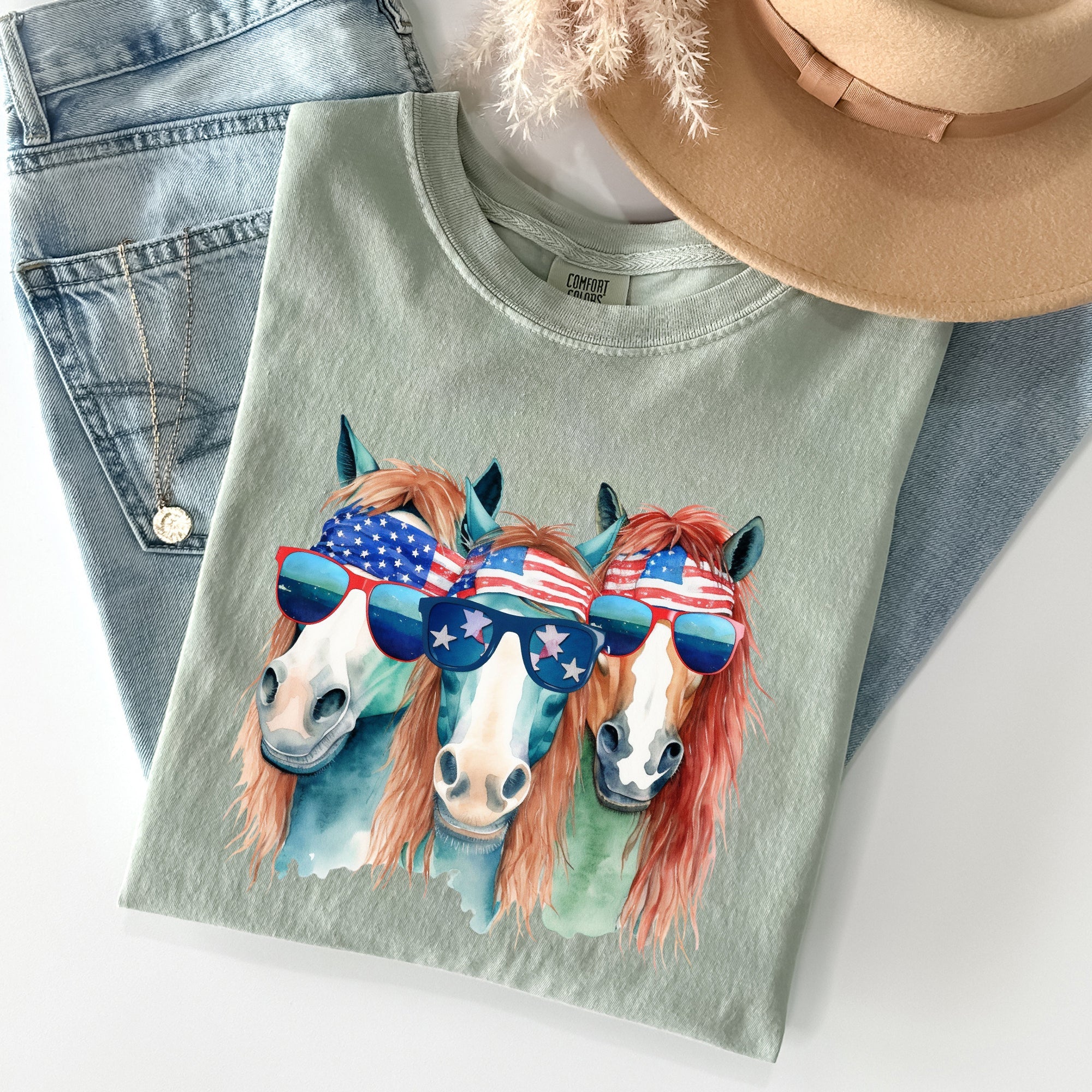 Patriotic Horses Hippie Fun 4th Of July Throwback Vintage Style Comfort Colors Tee