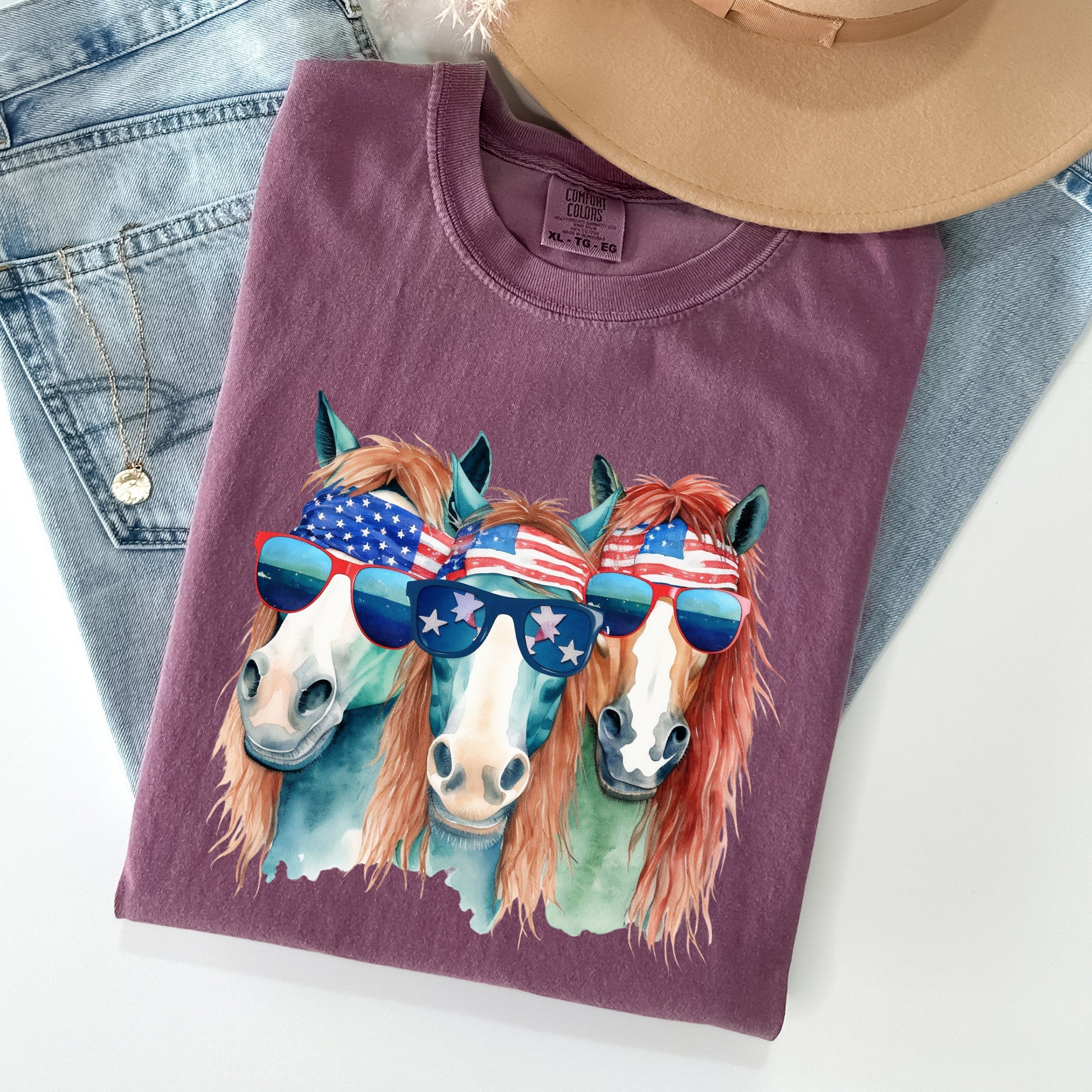 Patriotic Horses Hippie Fun 4th Of July Throwback Vintage Style Comfort Colors Tee