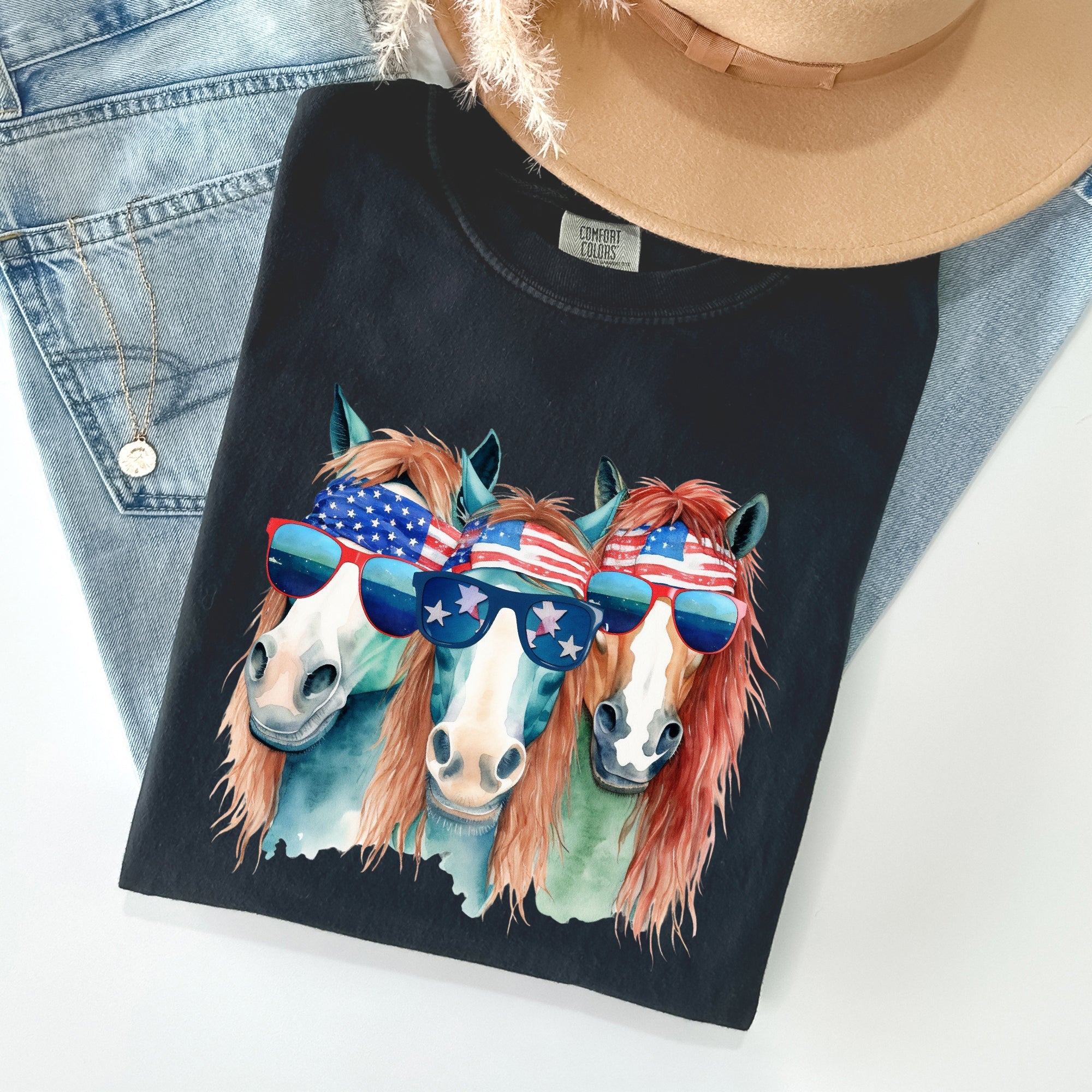 Patriotic Horses Hippie Fun 4th Of July Throwback Vintage Style Comfort Colors Tee