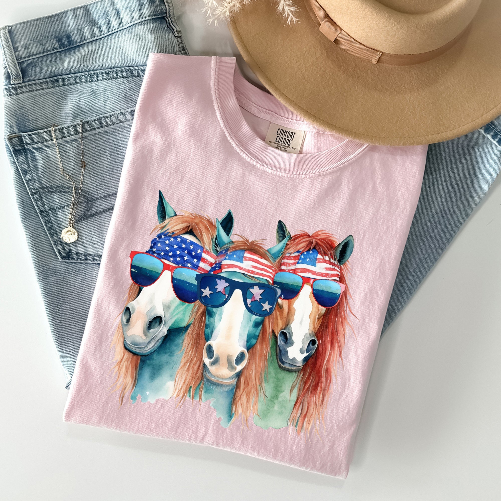 Patriotic Horses Hippie Fun 4th Of July Throwback Vintage Style Comfort Colors Tee