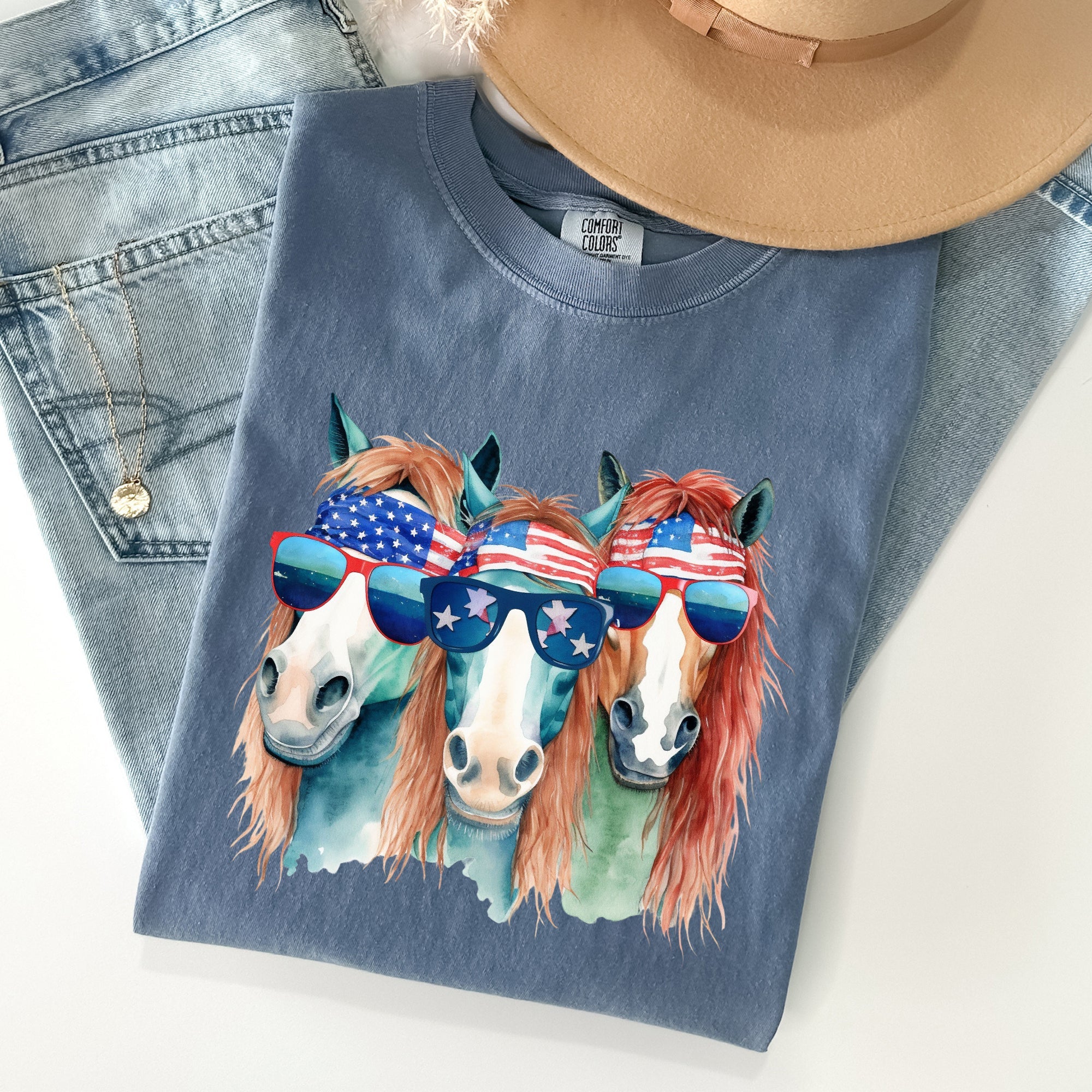 Patriotic Horses Hippie Fun 4th Of July Throwback Vintage Style Comfort Colors Tee