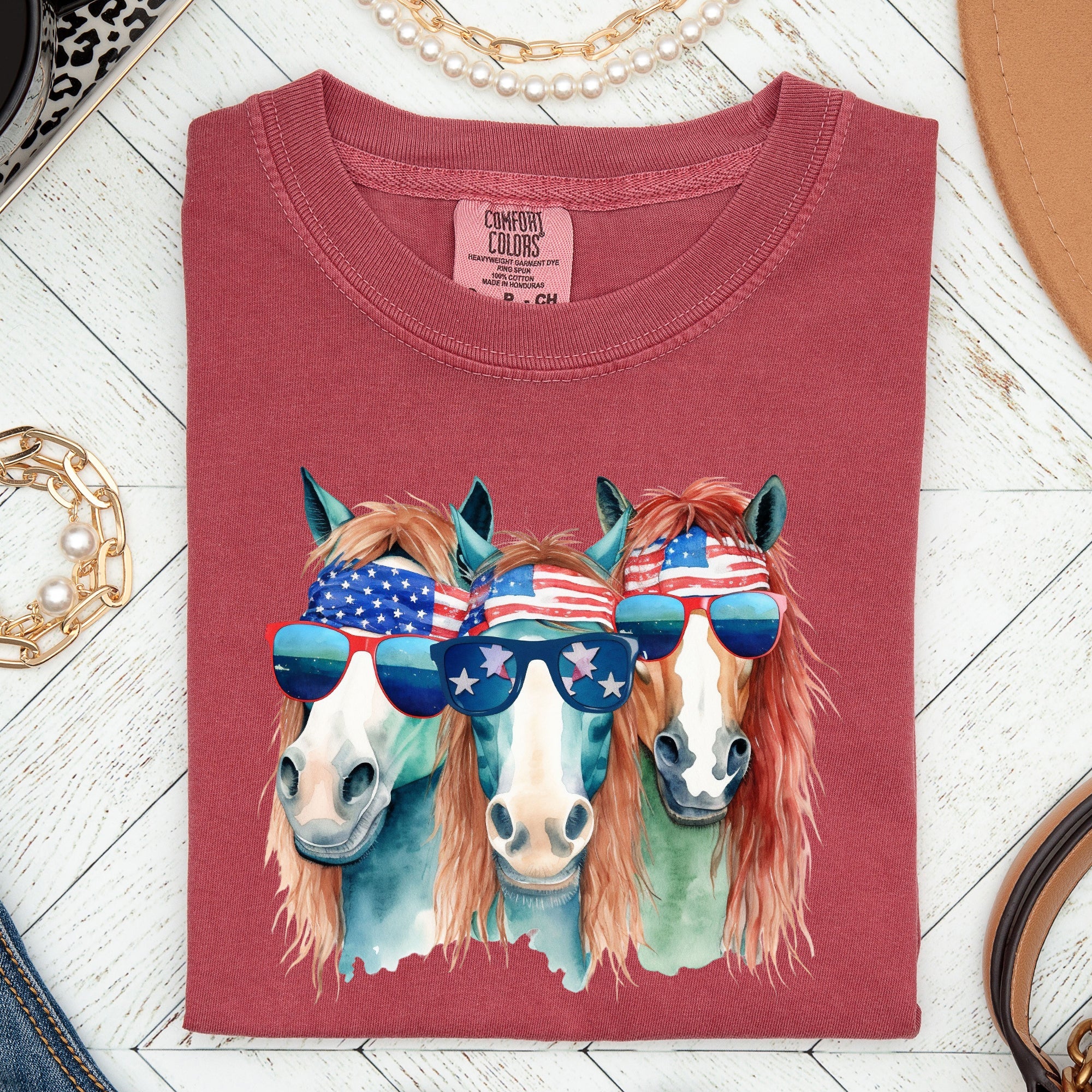 Patriotic Horses Hippie Fun 4th Of July Throwback Vintage Style Comfort Colors Tee