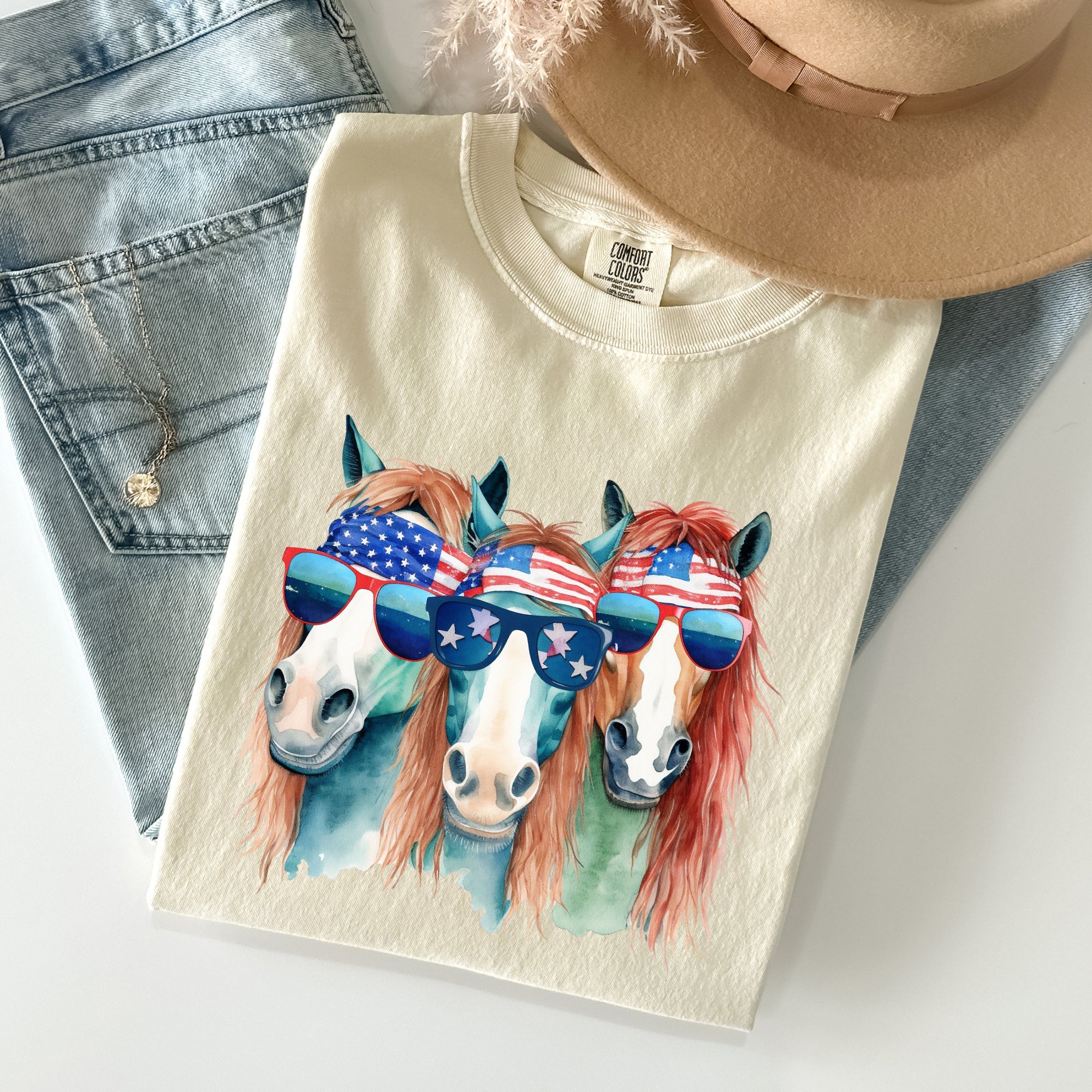 Patriotic Horses Hippie Fun 4th Of July Throwback Vintage Style Comfort Colors Tee